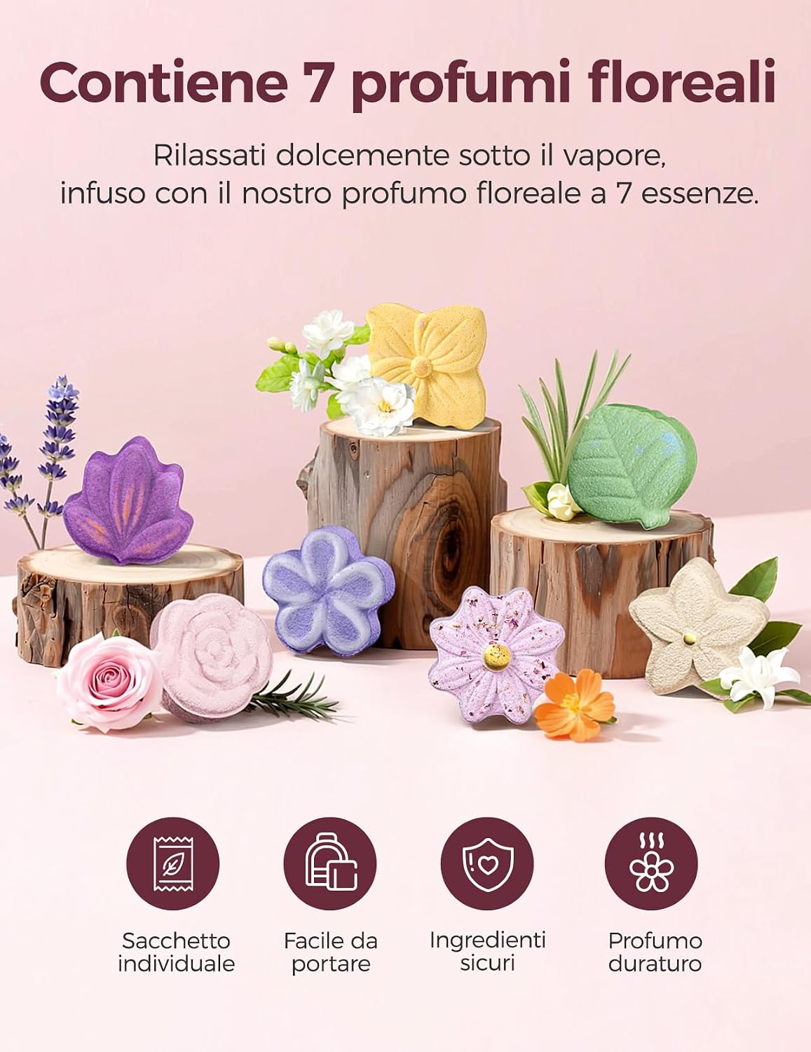 Detalle de Momcozy Set di bombe da doccia per aromaterapia – 14 pezzi, 7 fragranze floreali