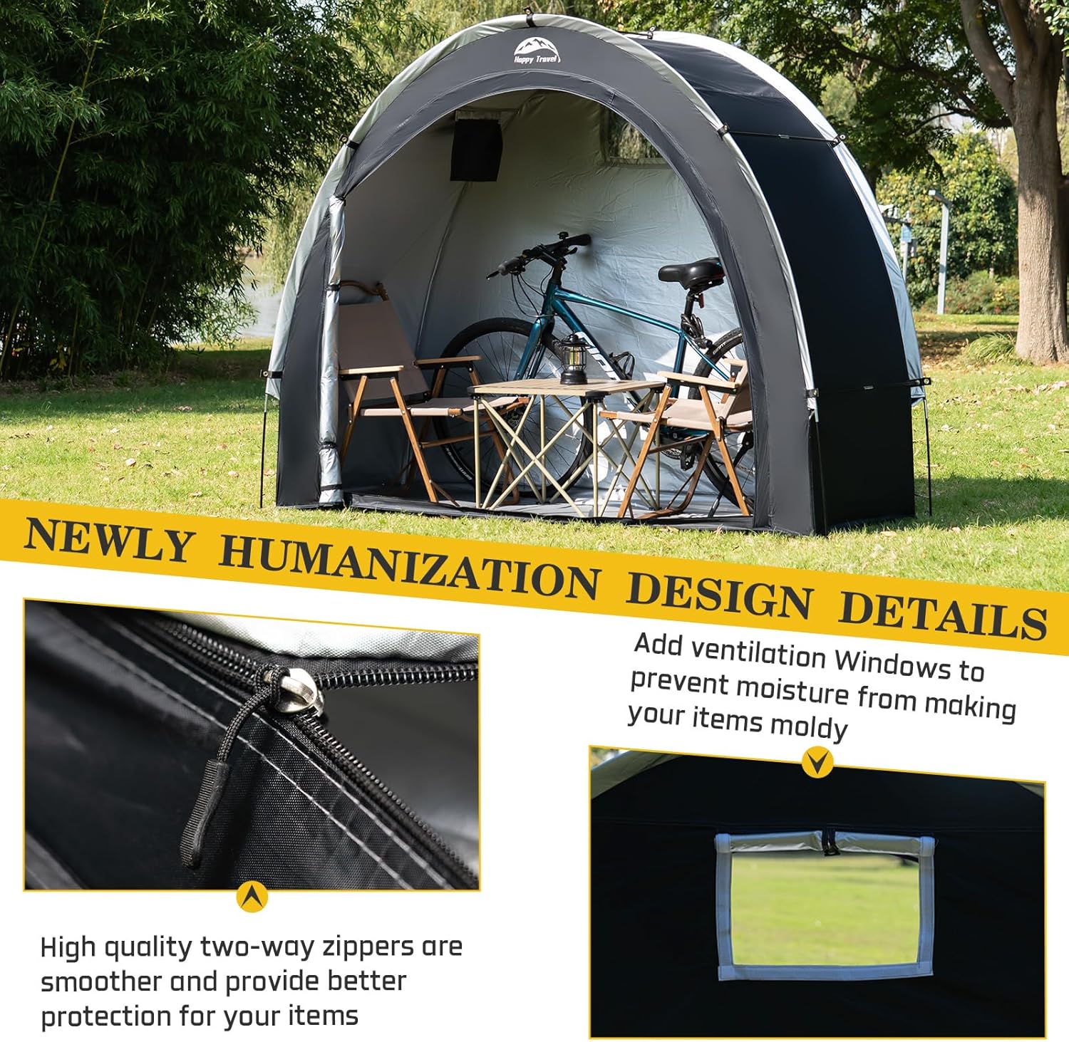 Detalle 2 de HAPPY TRAVEL XL for 2 or 3 Bikes-Black Bike Storage Tent, Waterproof 210D Oxford