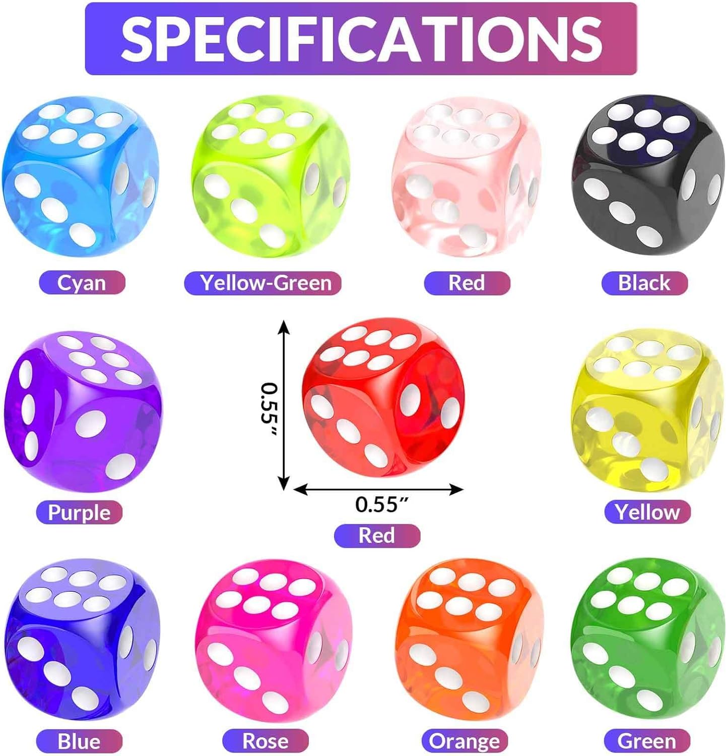 Detalle 2 de Rerdeim 110-Piece Colored Dice Set (6-Sided, 11 Colors) for Classroom, Games, and DIY