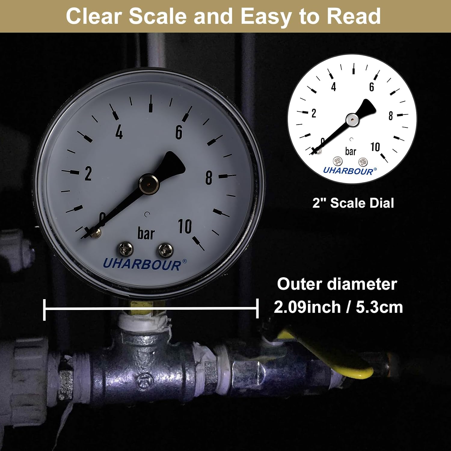 Thumbnail 3 de UHARBOUR MT016 manometer för vatten och tryckluft, 0–10 bar, 1/4 tum BSP