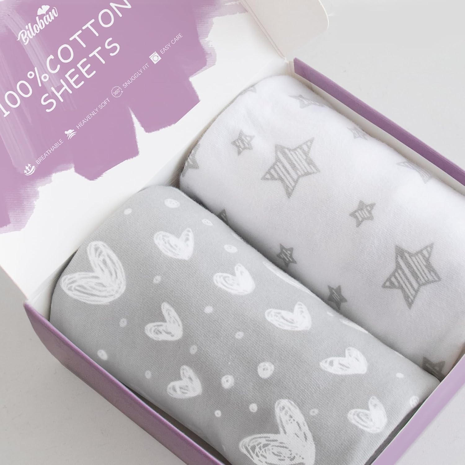 Detalle de Biloban Bassinet Sheets, 2-Pack, 100% Cotton, Gray Print, 360° Elastic Fit