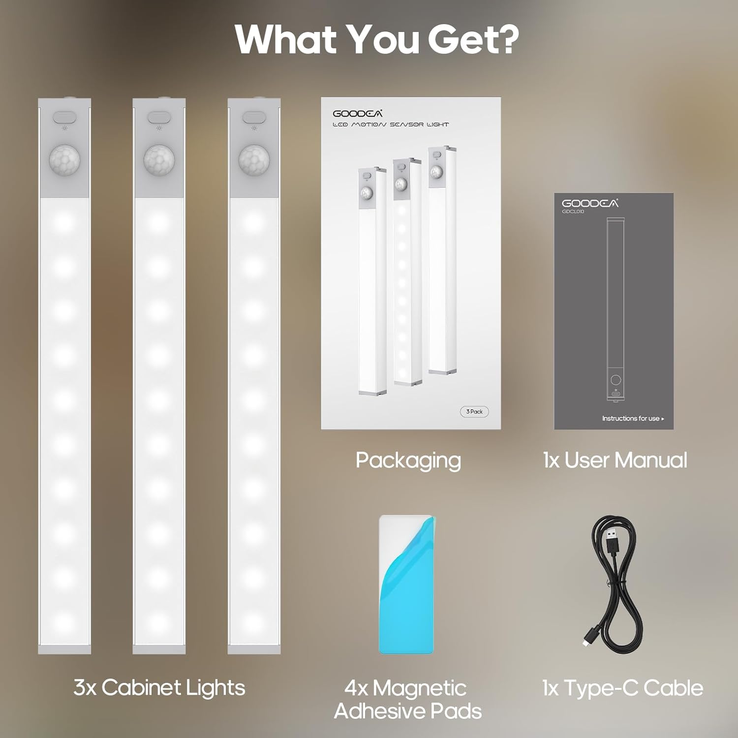 Thumbnail 4 de GOODEA Aluminium Alloy Rechargeable Wardrobe/Under-Cabinet Light with Motion Sensor (18cm, 10 LED, USB)