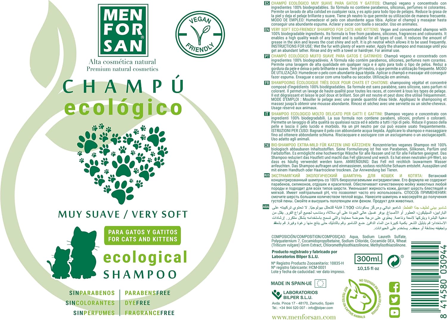 Detalle 2 de Menforsan Shampoo Ecologico Molto Delicato per Gatti e Gattini 300 Ml