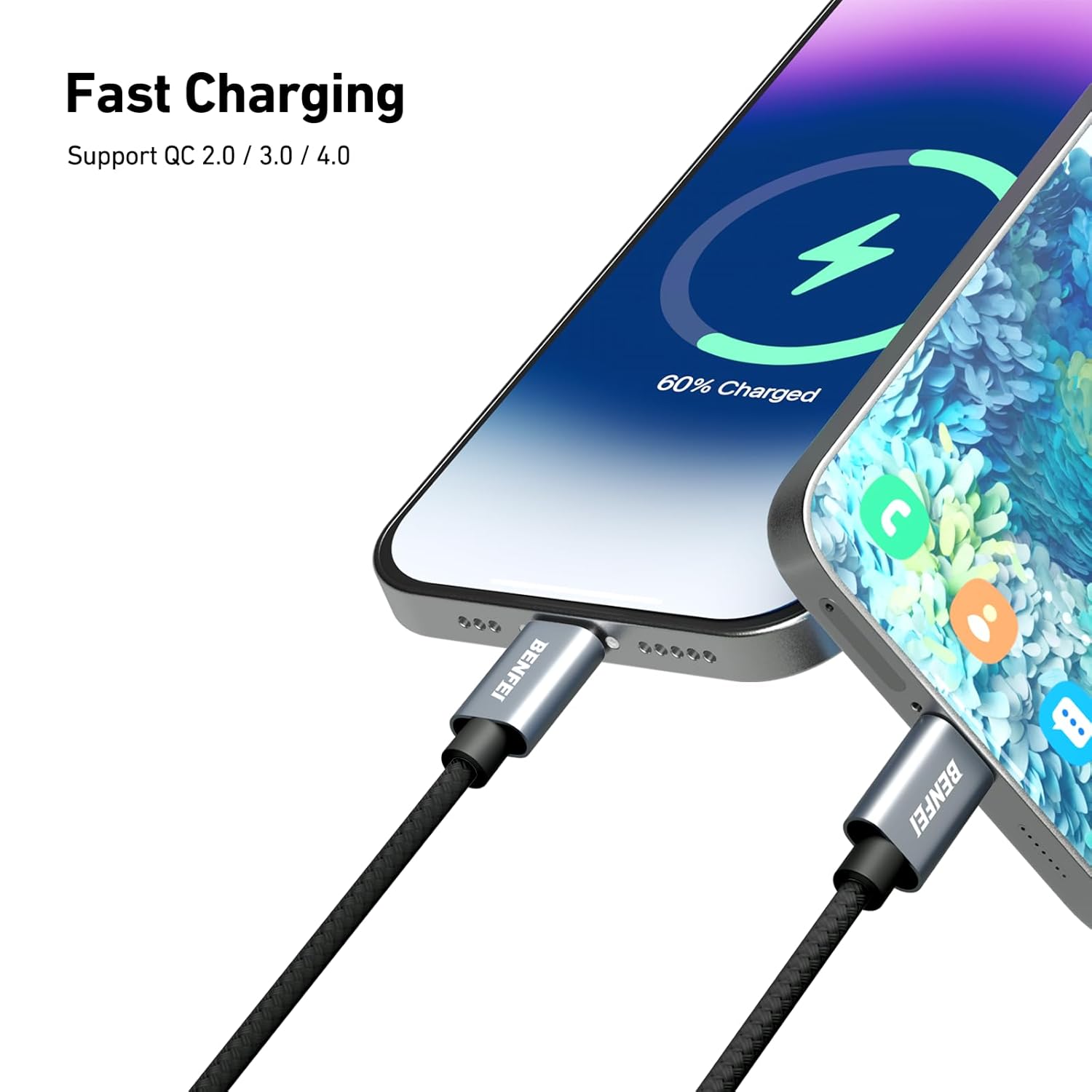 Detalle de BENFEI Silikon USB-C auf USB-A Kabel – 3 A, 2 m, gewebter Braun-/Aluminiummantel, 15 W Ladung
