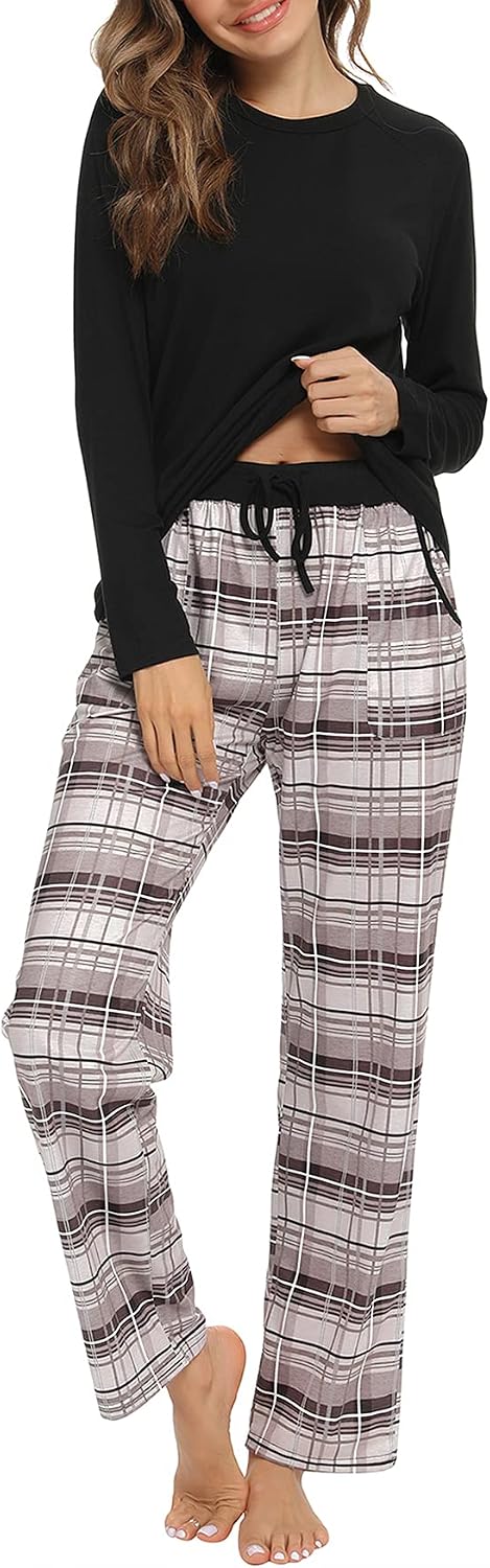 Detalle 2 de Uniexcosm Pyjama Femme en coton long – Ensemble à carreaux avec poches et col rond