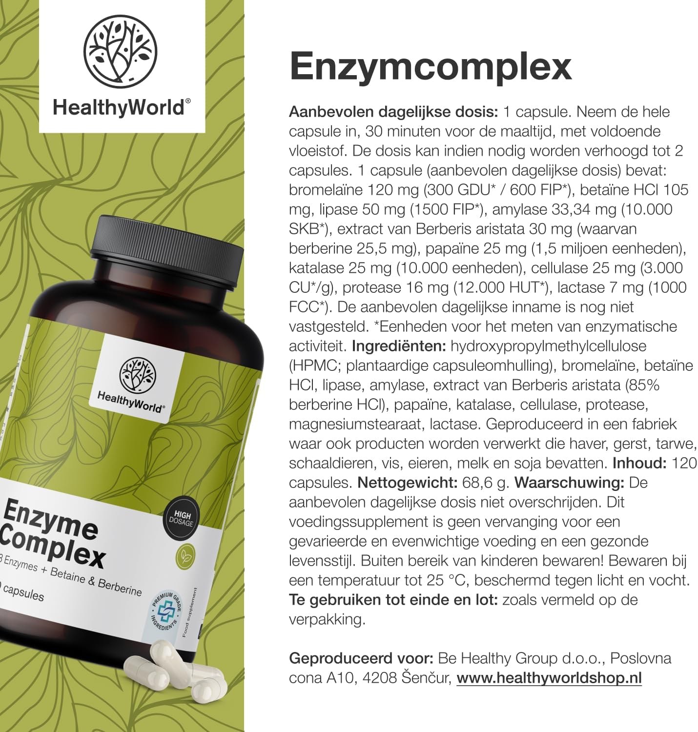 Thumbnail 6 de HealthyWorld Enzymcomplex capsules met 8 enzymen, berberine en betaïne HCl