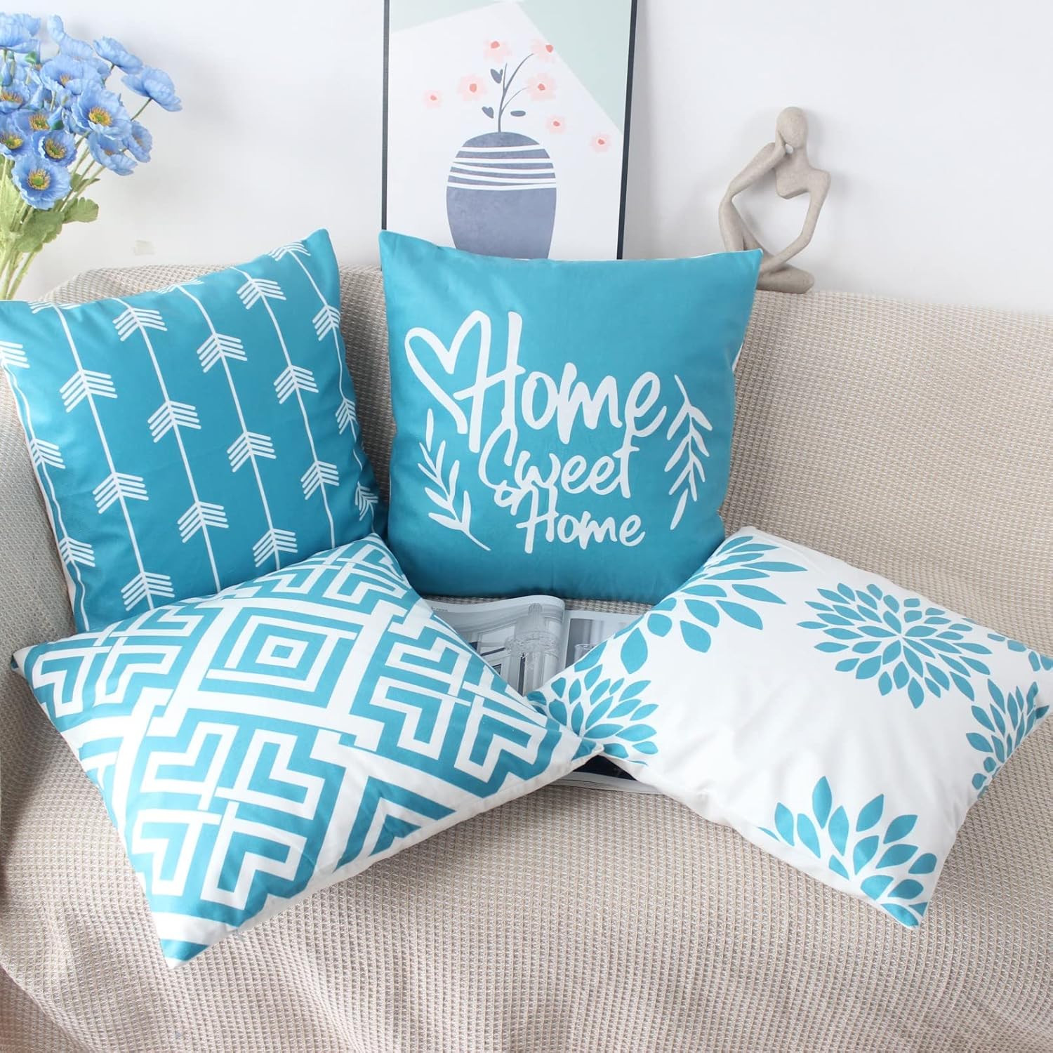 Thumbnail 5 de NIULAA Weiche Kissenbezüge 45x45 cm Türkis im 4er-Set (Veloursoptik, verdeckter Reißverschluss)