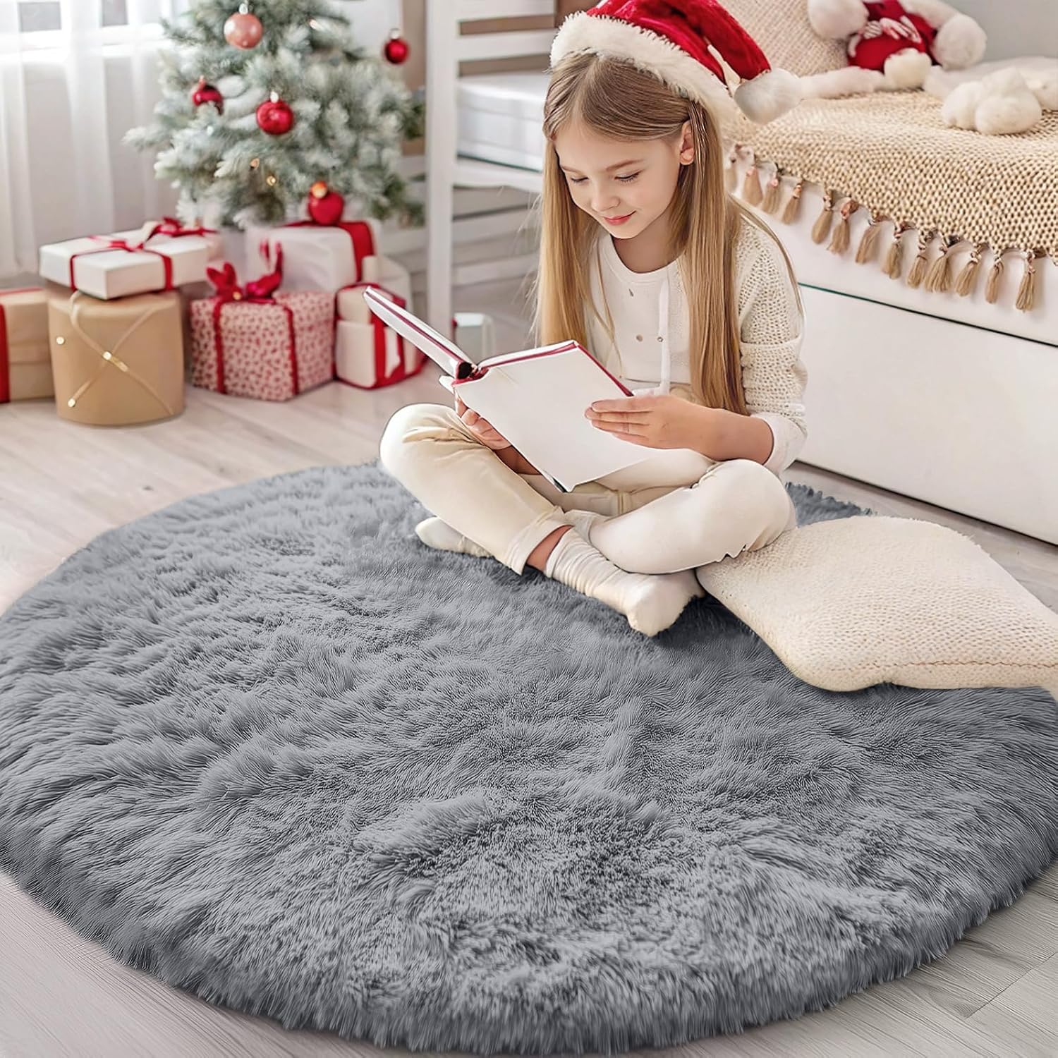 Detalle de Homaxy Hochflor Teppich 200 cm rund, grau