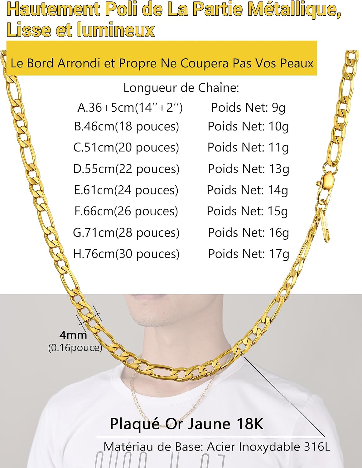 Detalle de PROSTEEL Collier chaîne Figaro en acier inoxydable 316L avec plaquage (maillons alternés) pour femme ou homme