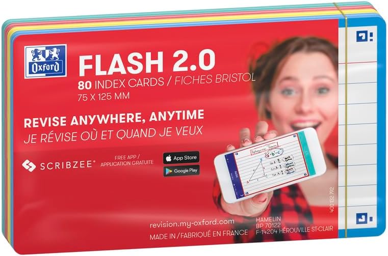 Thumbnail 1 de Oxford Flash Cards revision cards (assorted colours) ruled both sides, 7.5 x 12.5 cm, pack of 80