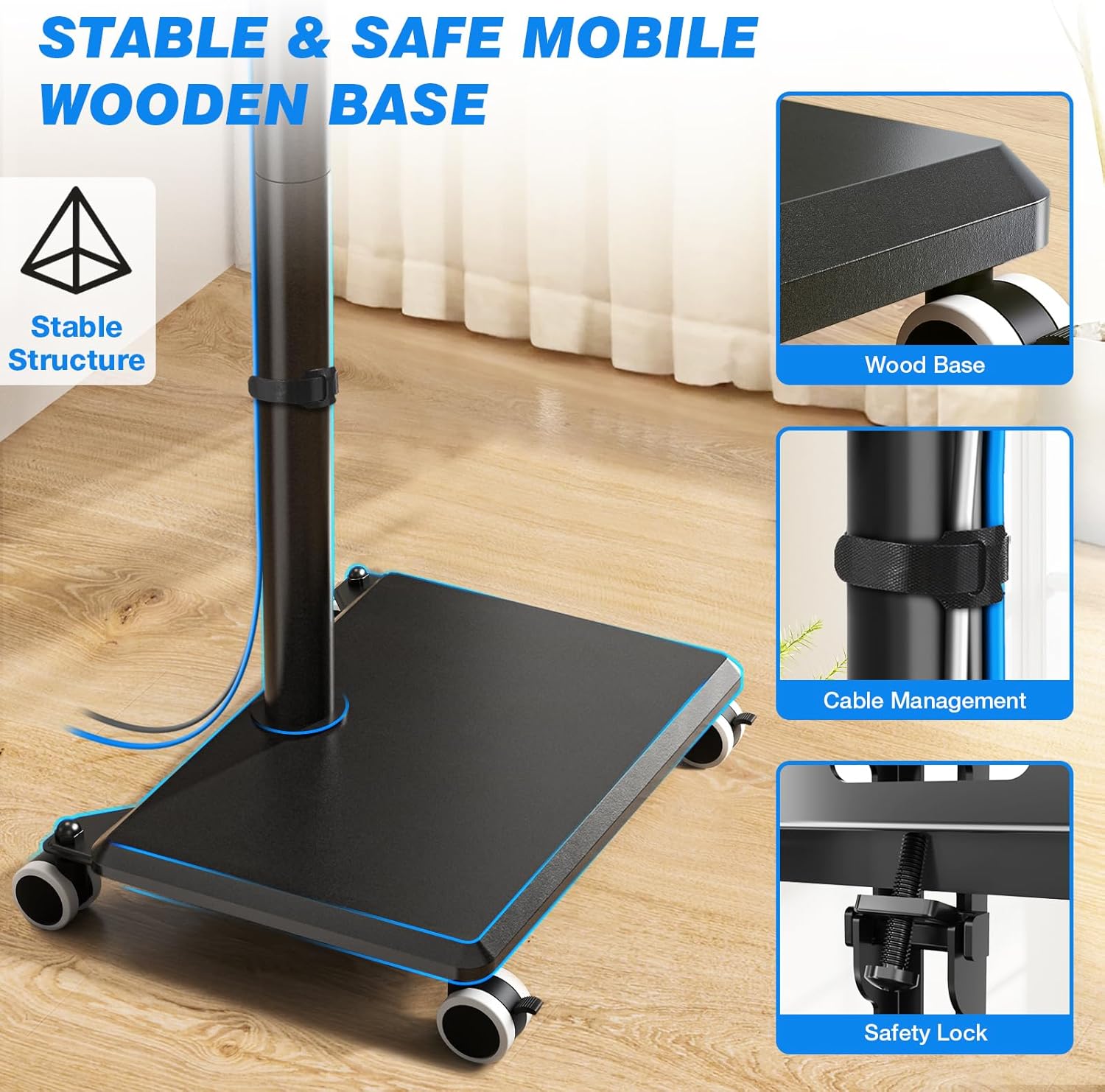 Thumbnail 4 de 5Rcom Mobile TV Stand on Wheels (Black) for 27–60 inch TVs, Height Adjustable Swivel Cart with Wood Base, Max VESA 400x400mm
