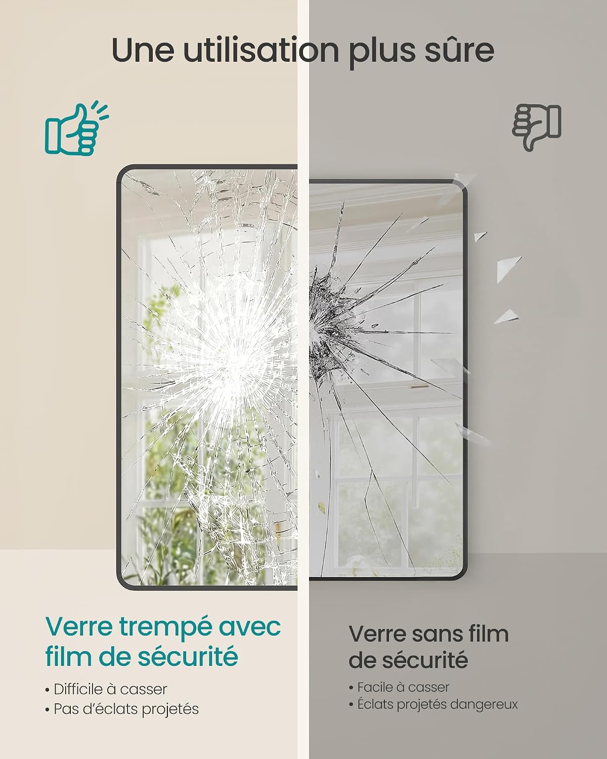 Detalle de SONGMICS Miroir Salle de Bain 110 x 70 cm – Cadre en aluminium, verre trempé, film de sécurité