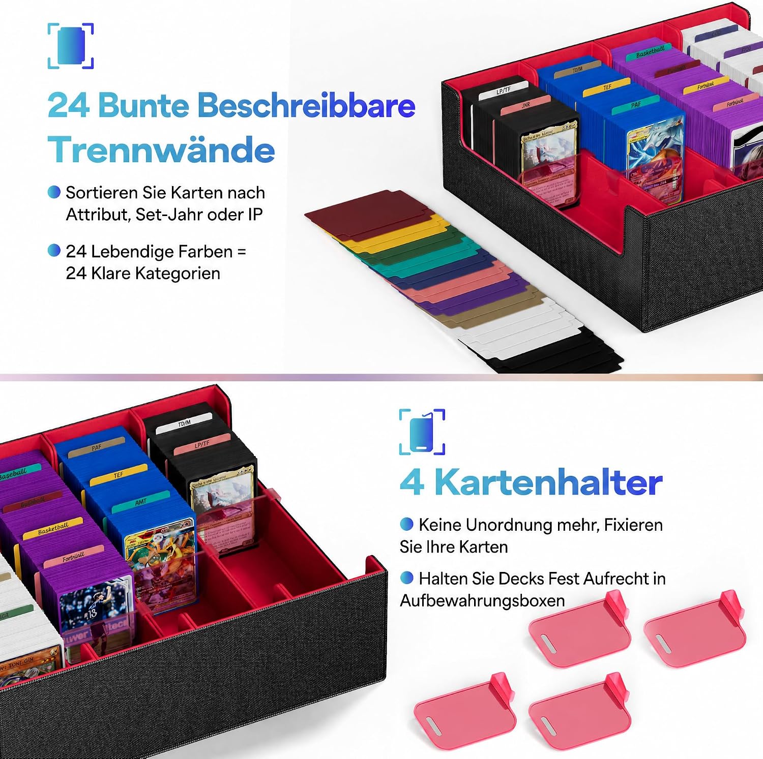 Detalle de UAONO Kartenaufbewahrungsbox für Trading Cards – 2400+ MTG Commander Deck Box mit 24 bunten Trennern (schwarz & rot)