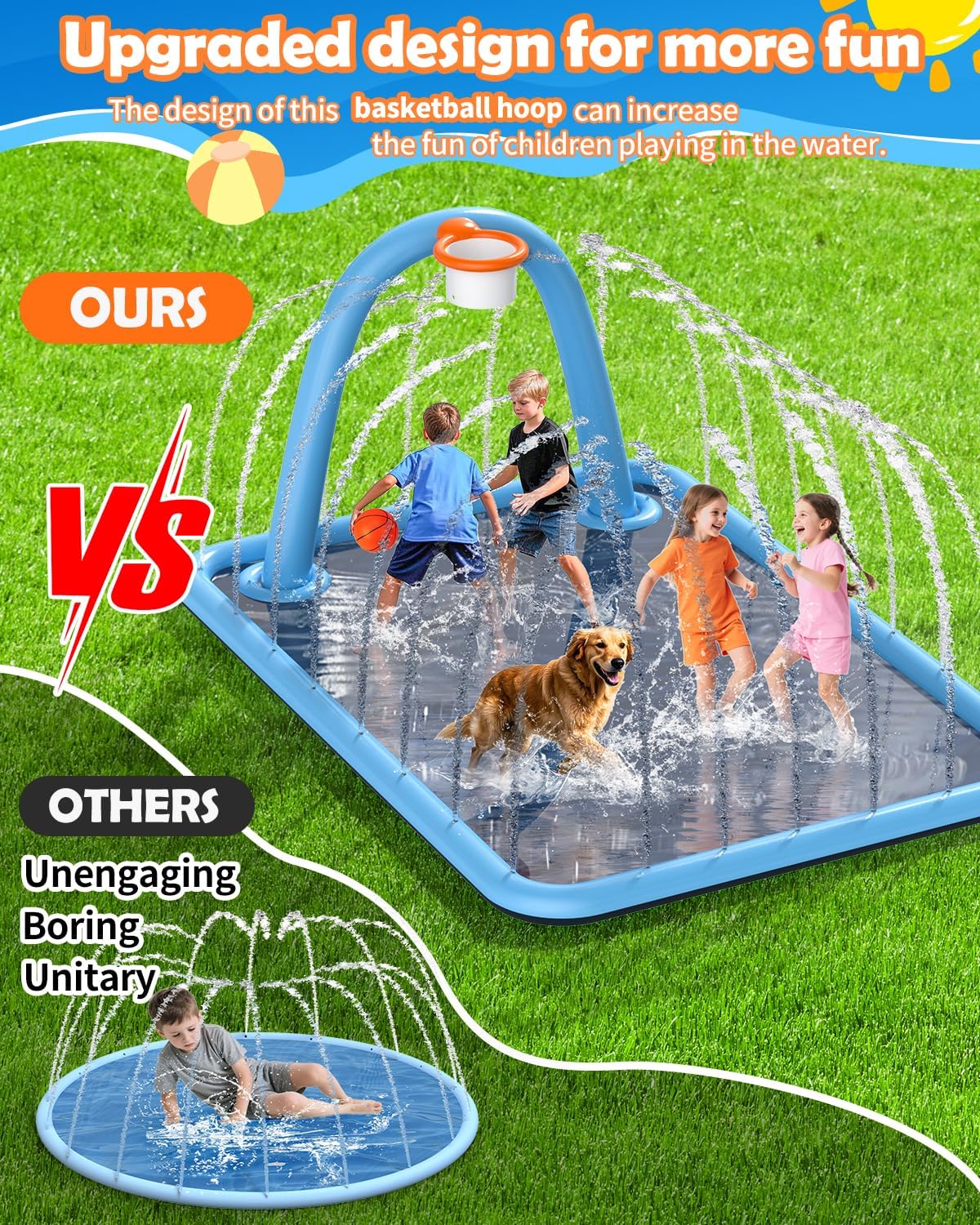 Thumbnail 1 de Octaplay Splash Pad for Kids & Dogs, Large 102" Water Play Mat with Basketball Hoop & Spray Games