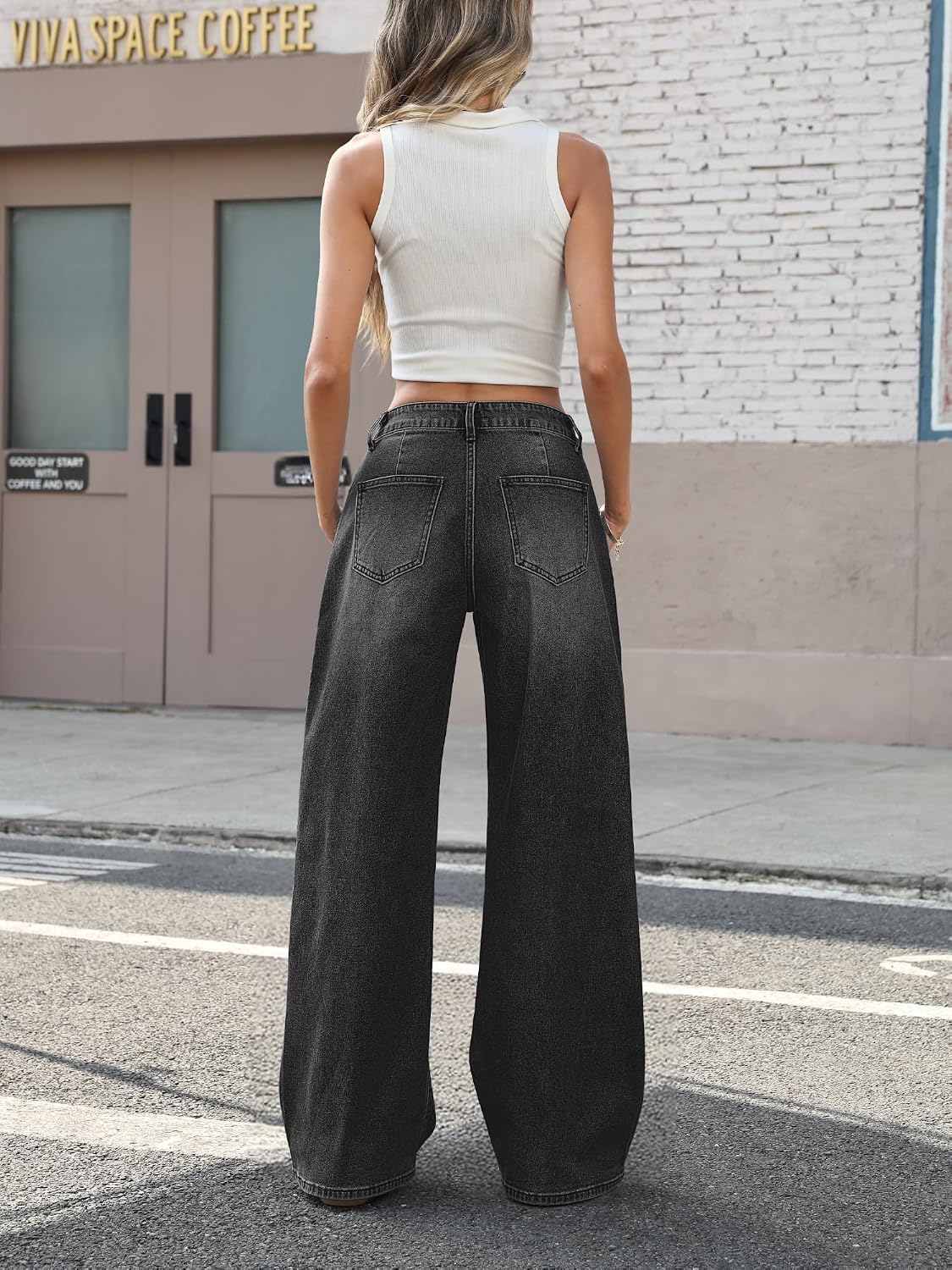 Detalle 2 de ELLEVEN Low-Rise Baggy Jeans for Women, Stretch Denim, Wide Leg