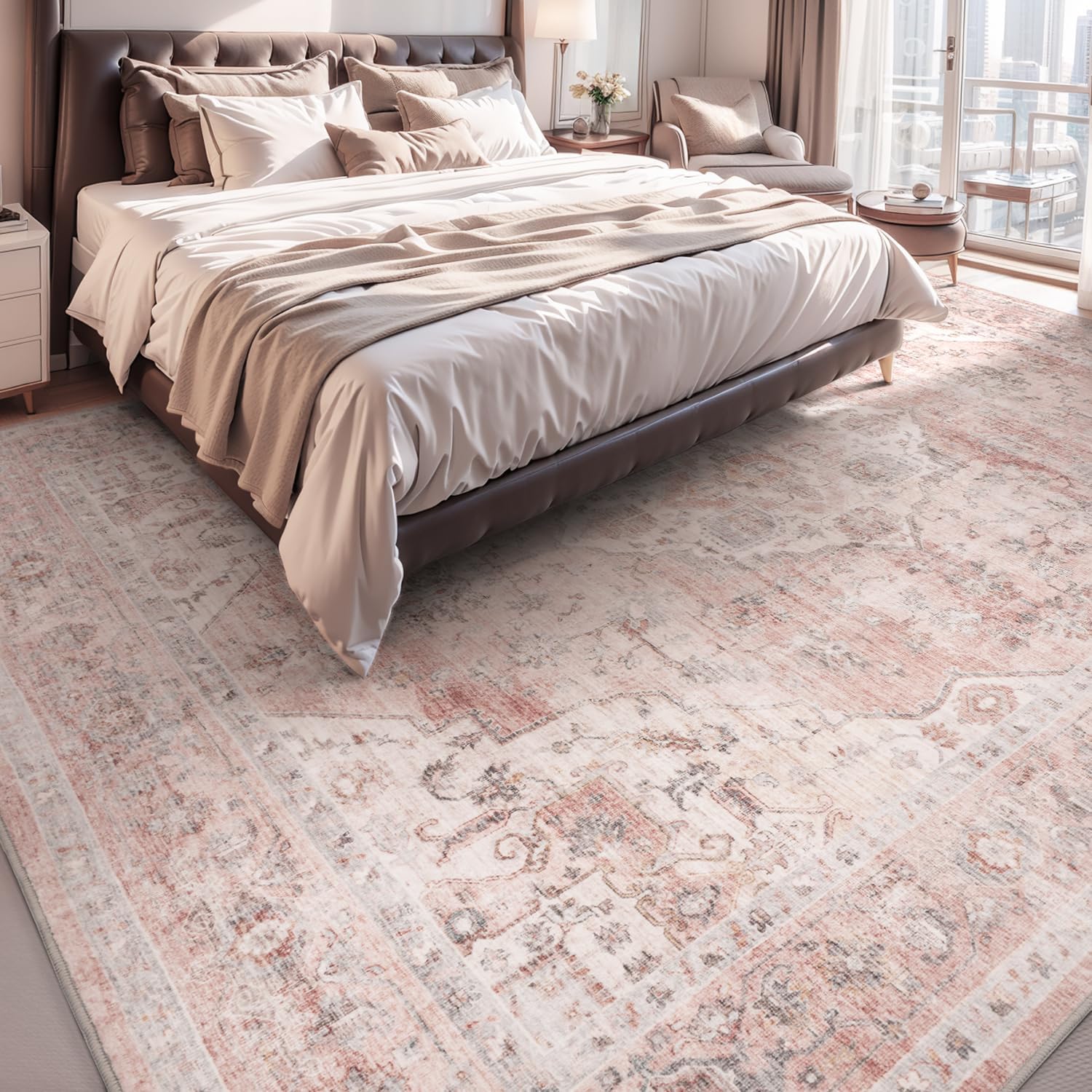 Thumbnail 6 de AMOAMI 6FT Round Vintage Soft Pink Rug — Non-Slip, Machine Washable