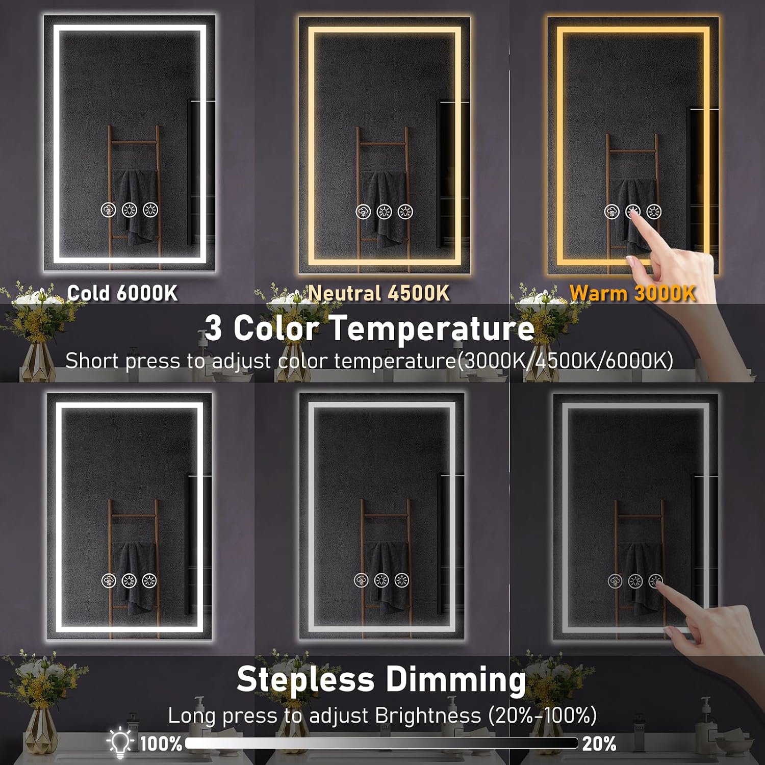 Detalle 2 de Simusi 40x60 cm Specchio Bagno con Luce LED, IP44, Anti-appannamento e Tre temperature di colore
