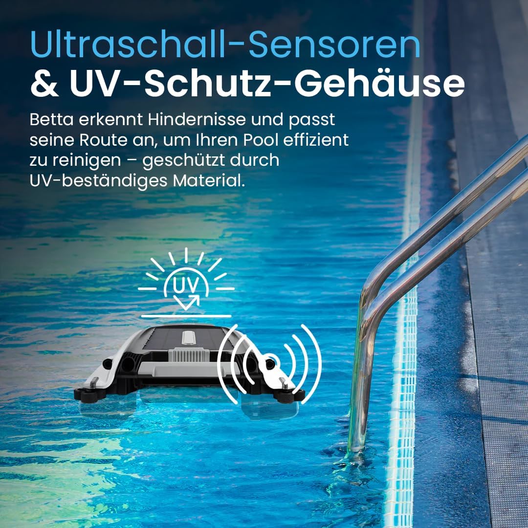 Detalle 2 de Betta SE Solar Pool Skimmer Roboter – 30 h Autonomie, salzwasserbeständig, 24/7 Oberflächenreinigung (Weiß)