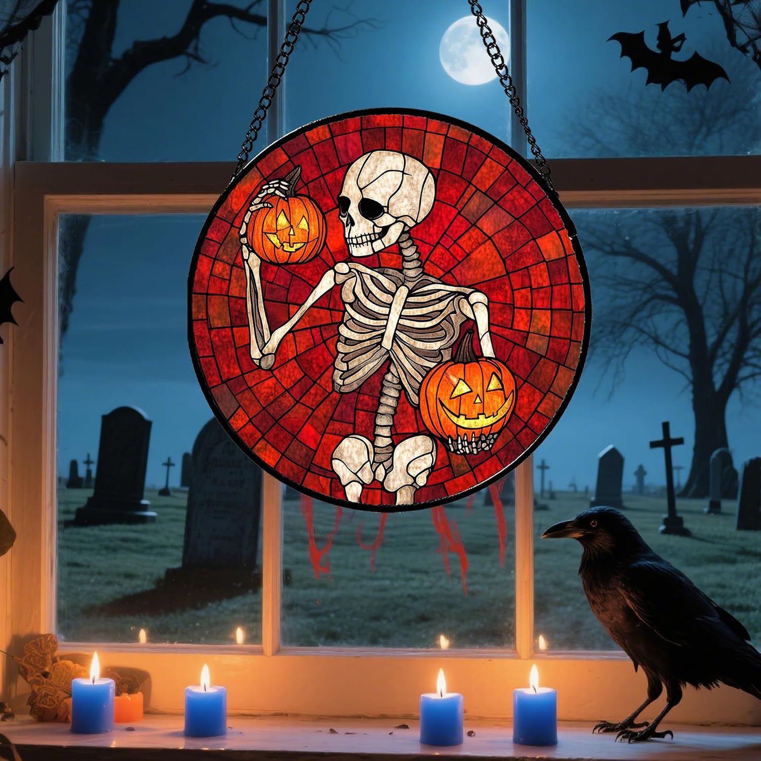 Detalle de CRISGIF Skeleton and Pumpkins Stained Glass Suncatcher, 6.3-Inch
