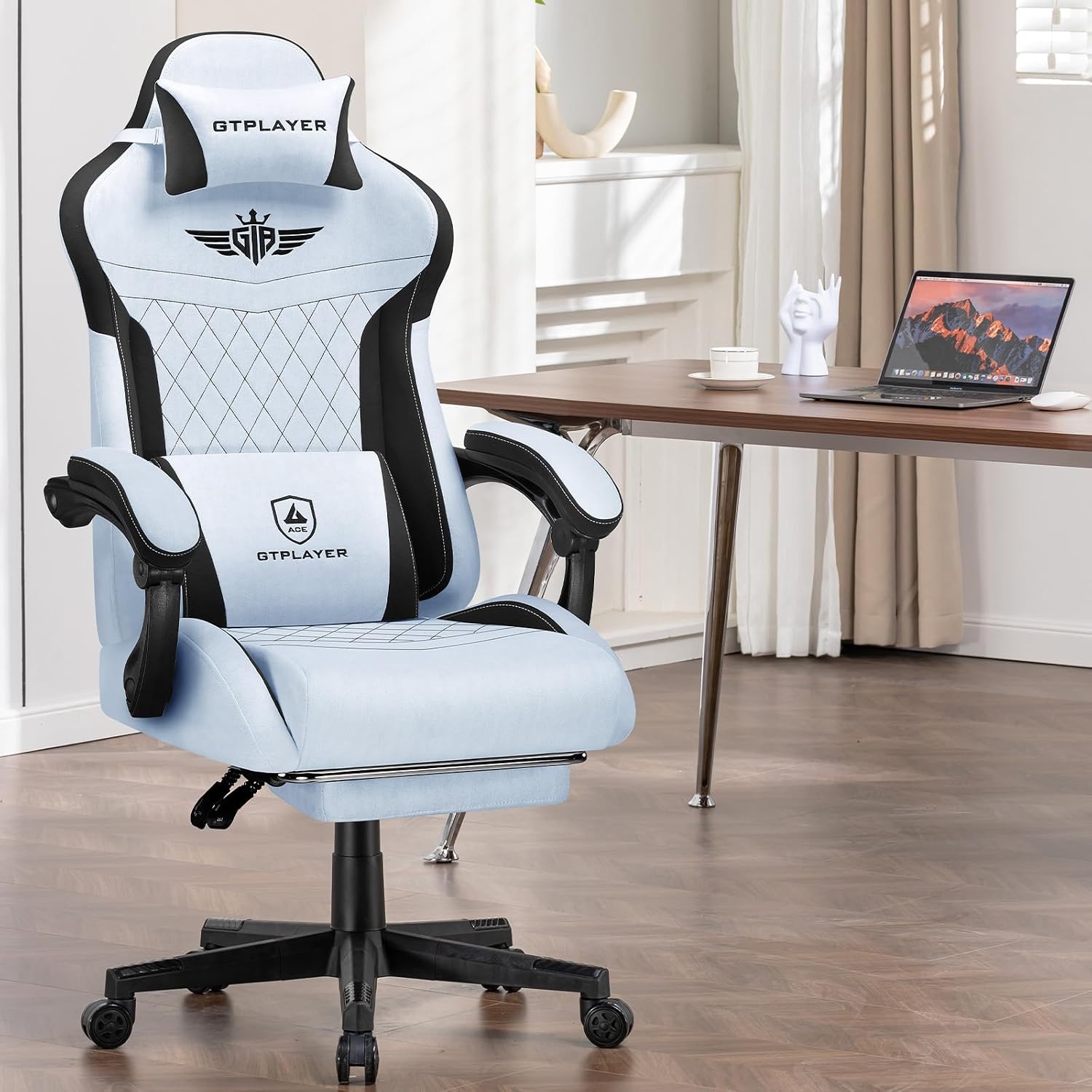 Thumbnail 4 de GTPLAYER Sedia da gaming ergonomica in velluto azzurro con supporto lombare, schienale 150° e poggiapiedi