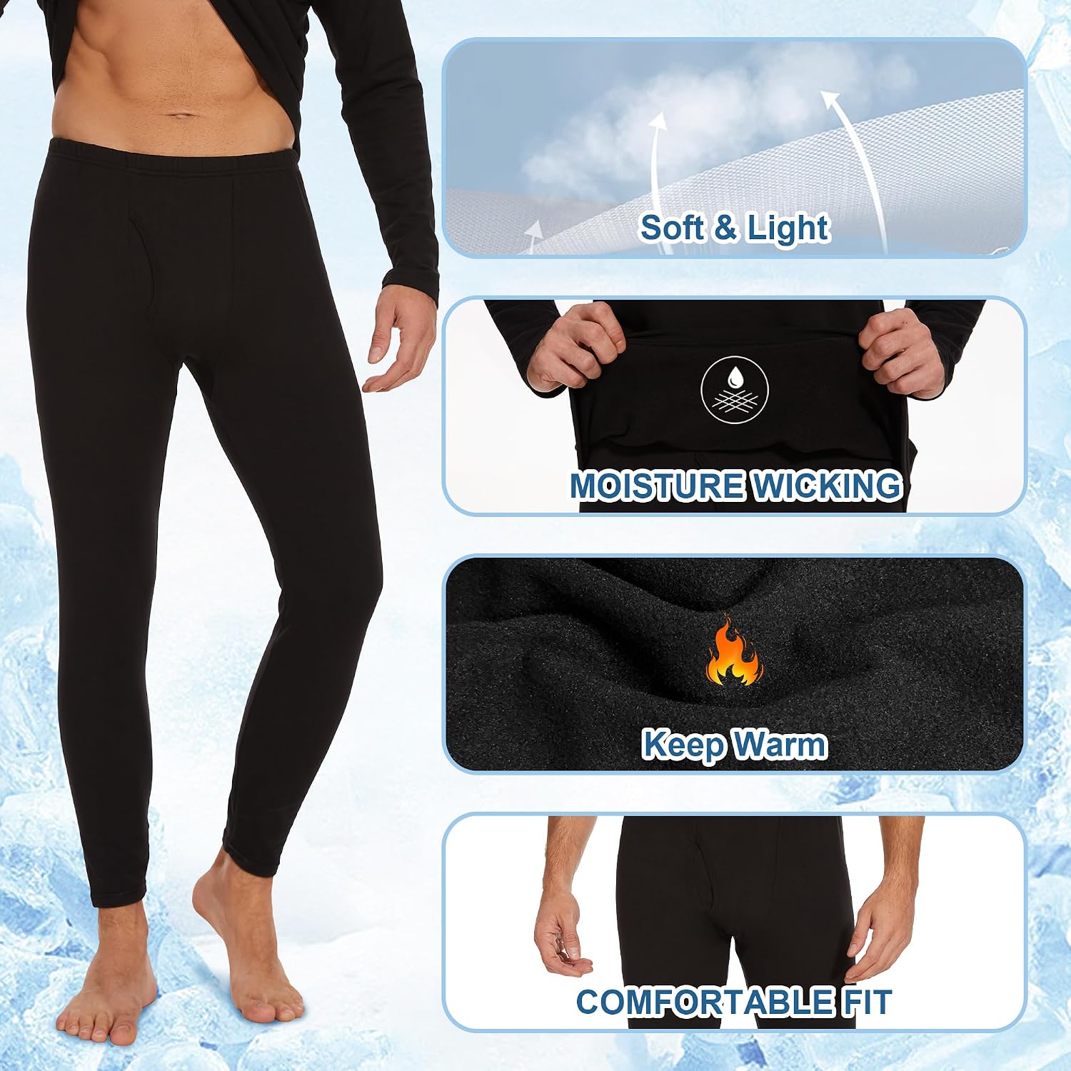Thumbnail 2 de HIPOWER men’s thermal underwear long johns with fleece lining (base layer pants) – winter black