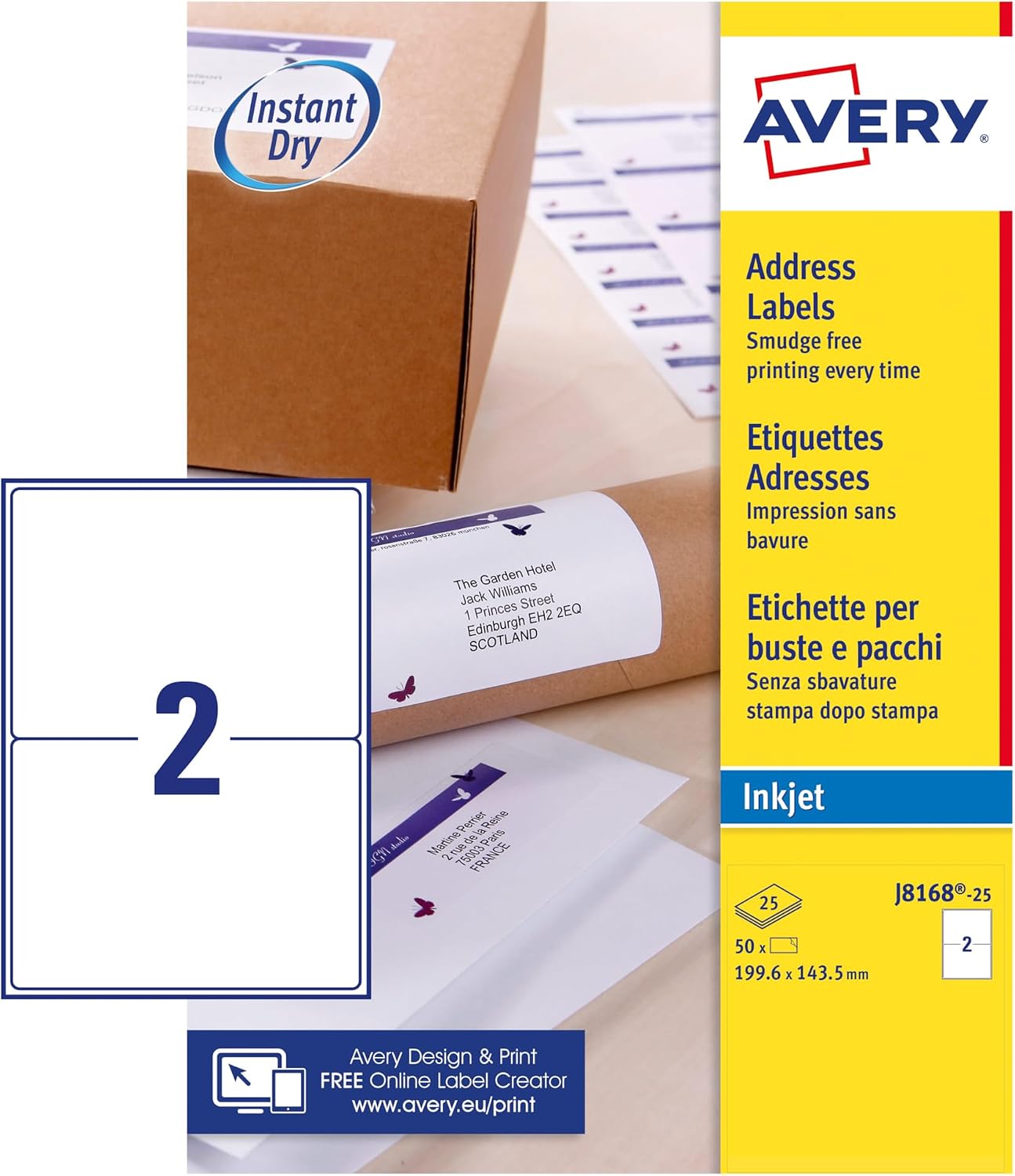 Thumbnail 1 de Avery Smudge Free Printable Address Labels (J8168-25) – 2 A5 Stickers per Sheet, 50 Labels per Pack