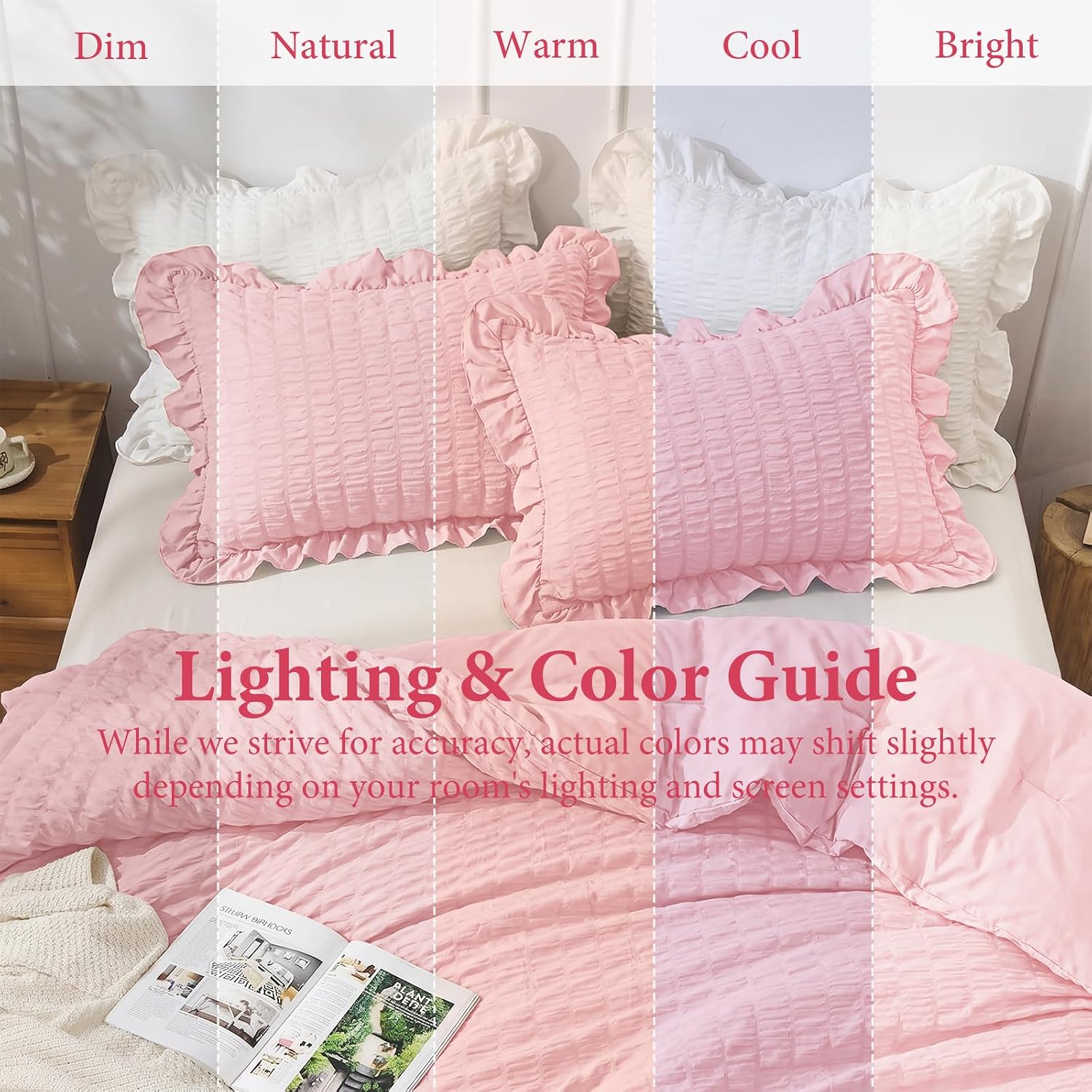 Thumbnail 6 de JOLLYVOGUE Pink Seersucker Queen Comforter Set, 3 Pieces – Lightweight All-Season With Ruffle Details