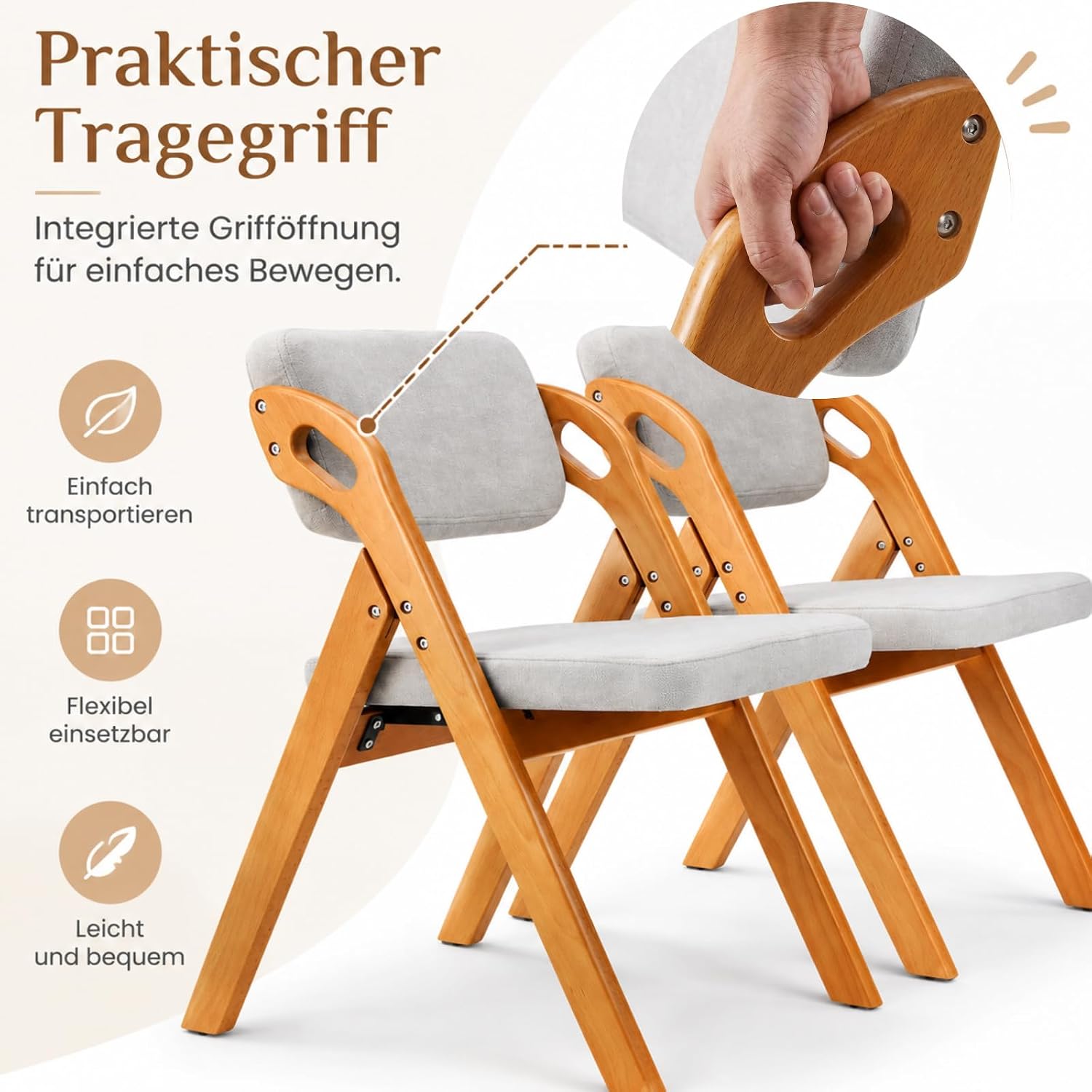 Detalle de Clevich LJ-562 set van 2 opvouwbare stoelen, beukenhout en grijs badstof