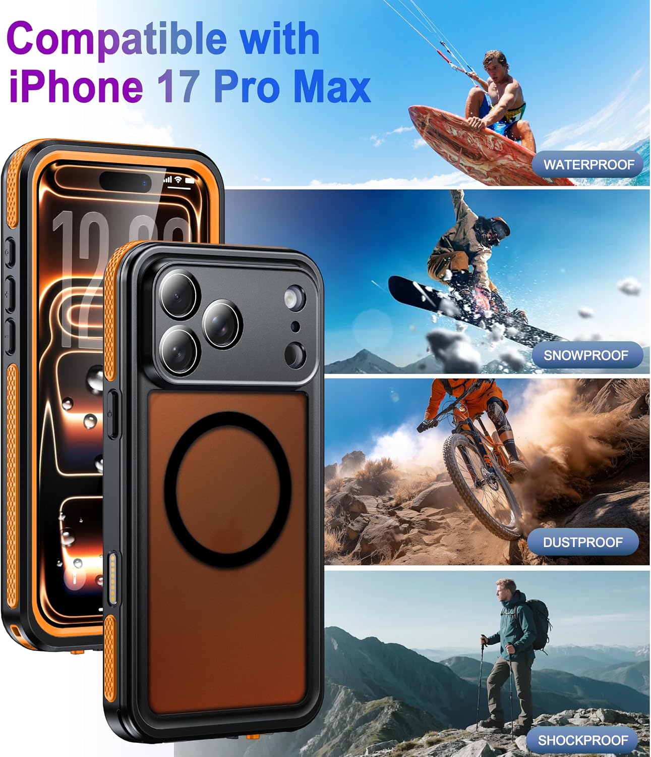 Detalle de Oterkin V-iPhone 17 Pro Max-Orange Waterproof Case, IP68, MagSafe