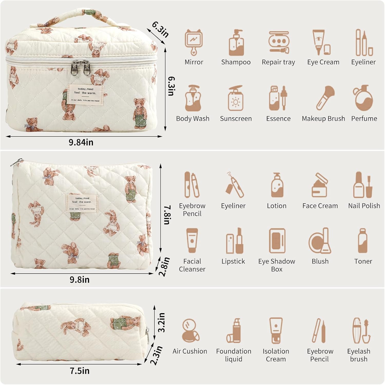 Thumbnail 1 de 3-Piece Quilted Floral Makeup Bag Set – Large, Medium and Small Cotton Cosmetic Pouches