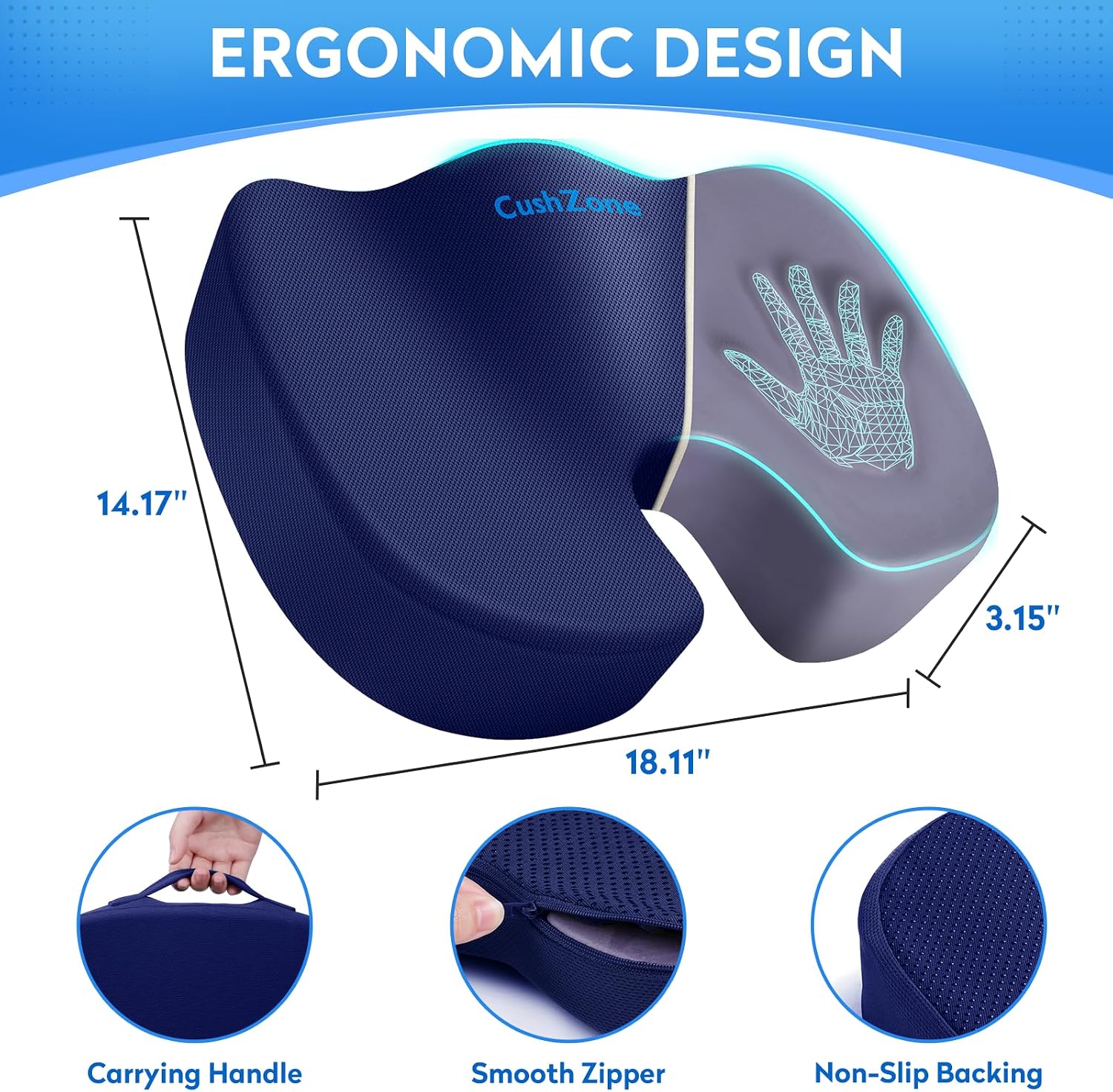 Detalle de CushZone Large Memory Foam Seat Cushion, Blue, with U-Shaped Coccyx Cutout