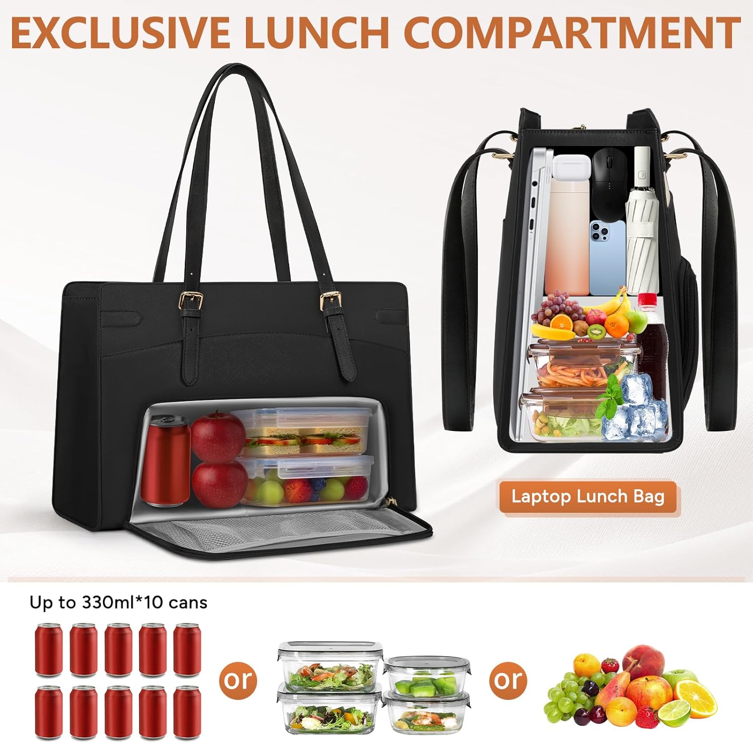 Detalle de RAINSMORE 15.6-inch Laptop Bag for Women with Insulated Lunch Compartment – PU Leather Work Tote