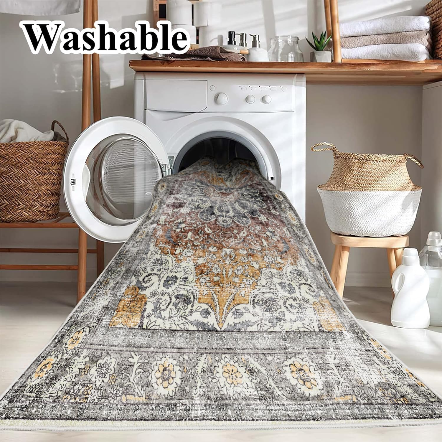 Detalle de CHAMPLANT 8x10 Washable Area Rug in Taupe Vintage Floral