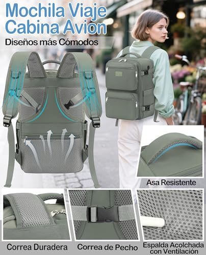 Detalle de LYNXCHER Mochila de cabina 45x36x20 cm para viaje y portátil 15.6'' – Verde claro