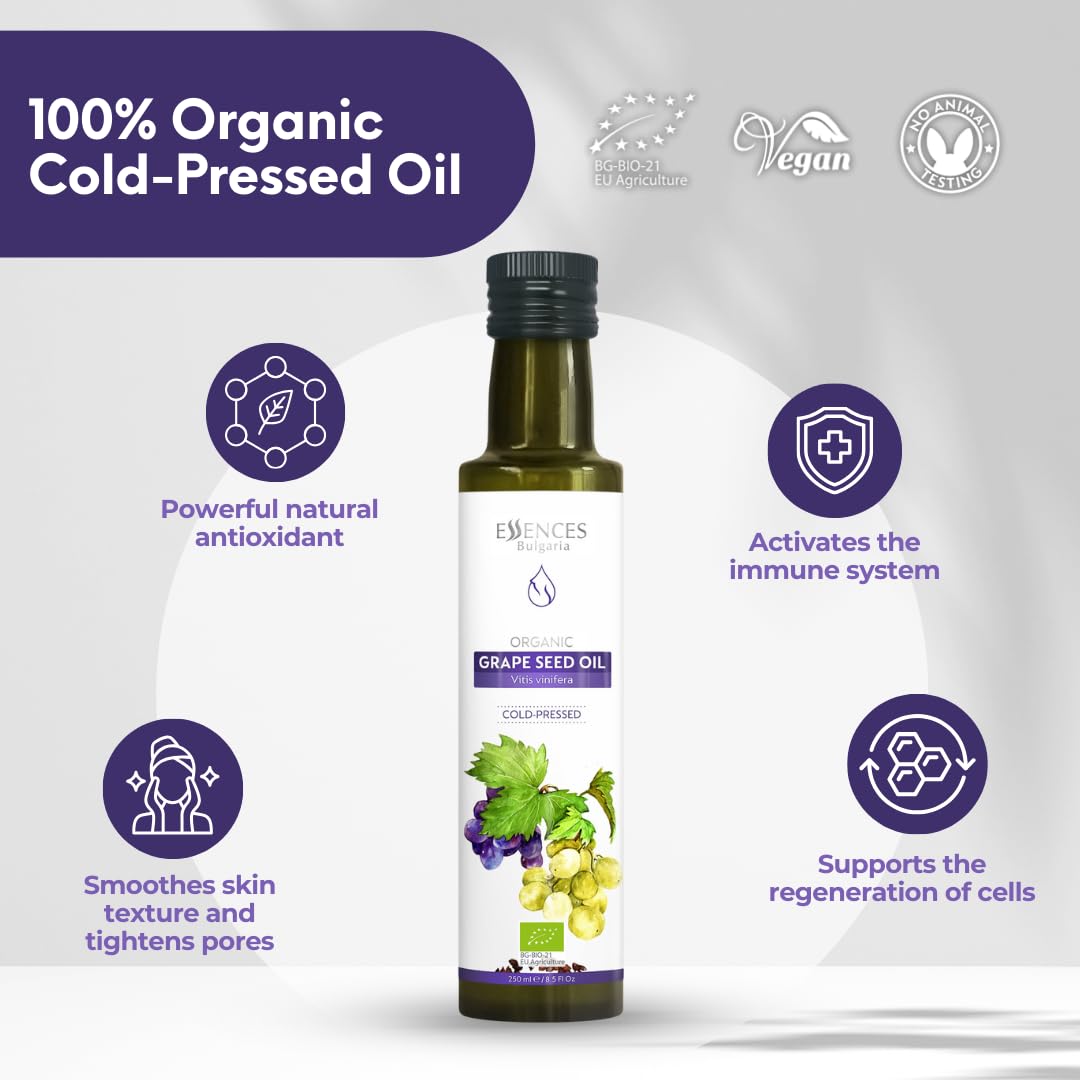 Detalle de Essences Bulgaria Bio-Traubenkernöl kaltgepresst (250 ml) – 100% naturrein, vegan