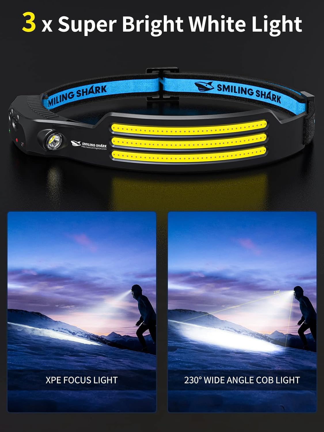 Thumbnail 1 de Smiling Shark LED Rechargeable Headlamp (2-Pack) with 230° Wide Angle, Motion Sensor, and Waterproof Build