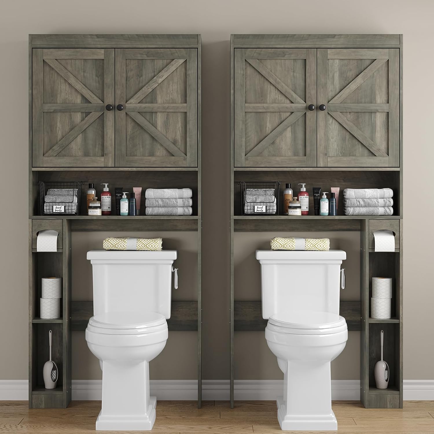 Detalle de Furnideco OT004-GR Over-the-Toilet Storage Cabinet with Barn Doors, 6 Shelves