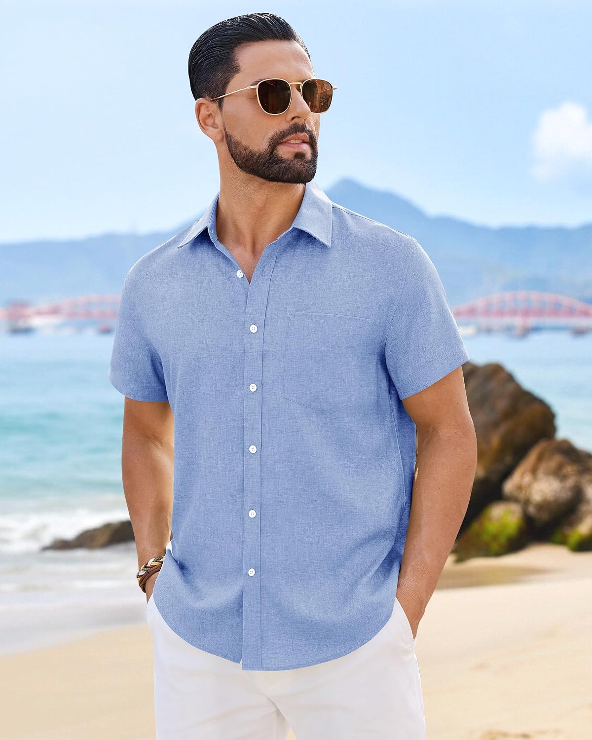 Detalle 2 de Demeanor Linen Mens Short Sleeve Shirt – Lightweight, Breathable Linen Blend for Summer