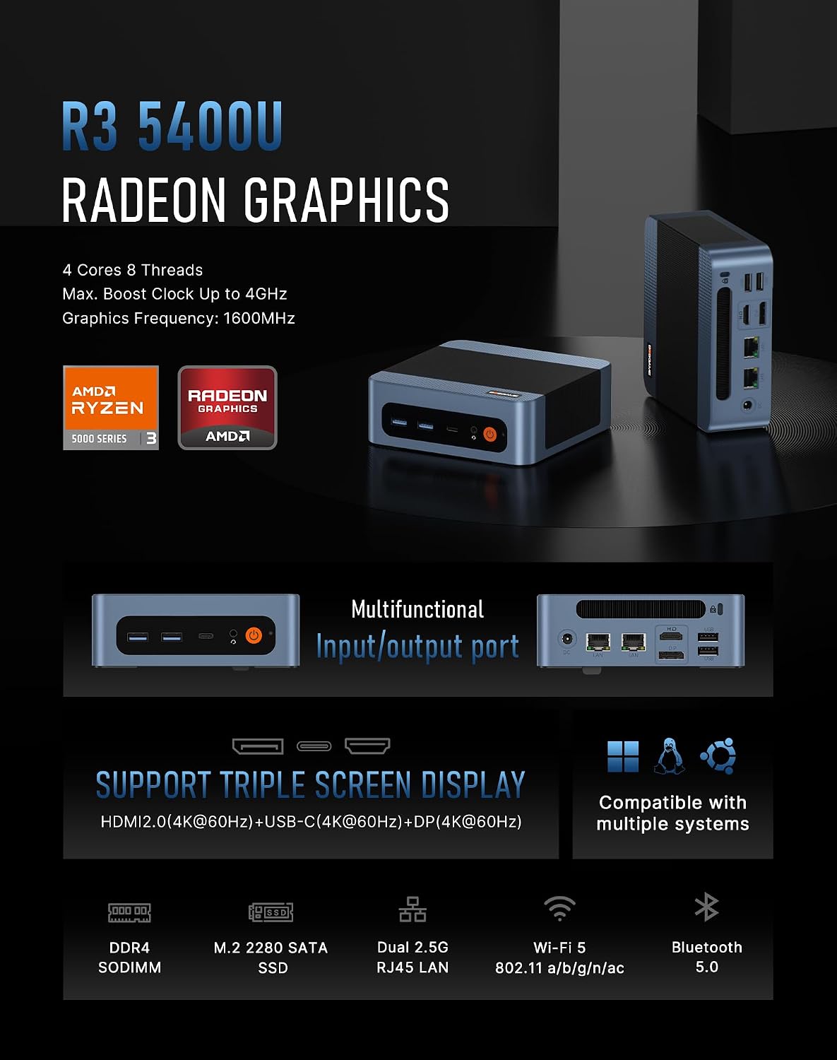 Detalle de BOSGAME E5 Plus Mini PC with Ryzen 5400U, Triple 4K Displays and Dual 2.5G LAN