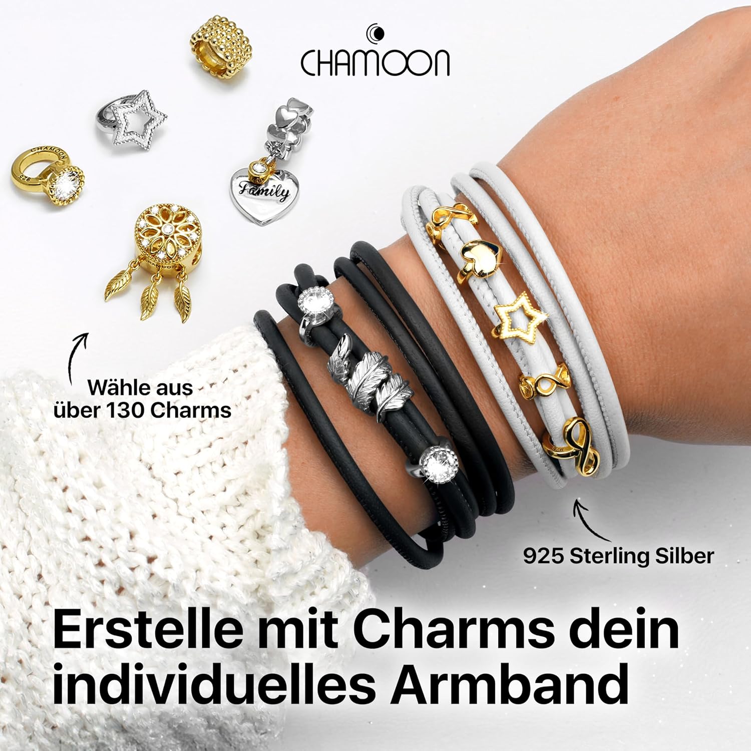 Detalle de CHAMOON Premium Lederarmband für Damen mit Magnetverschluss & über 80 Charms, Nappaleder, TRIO Kollektion