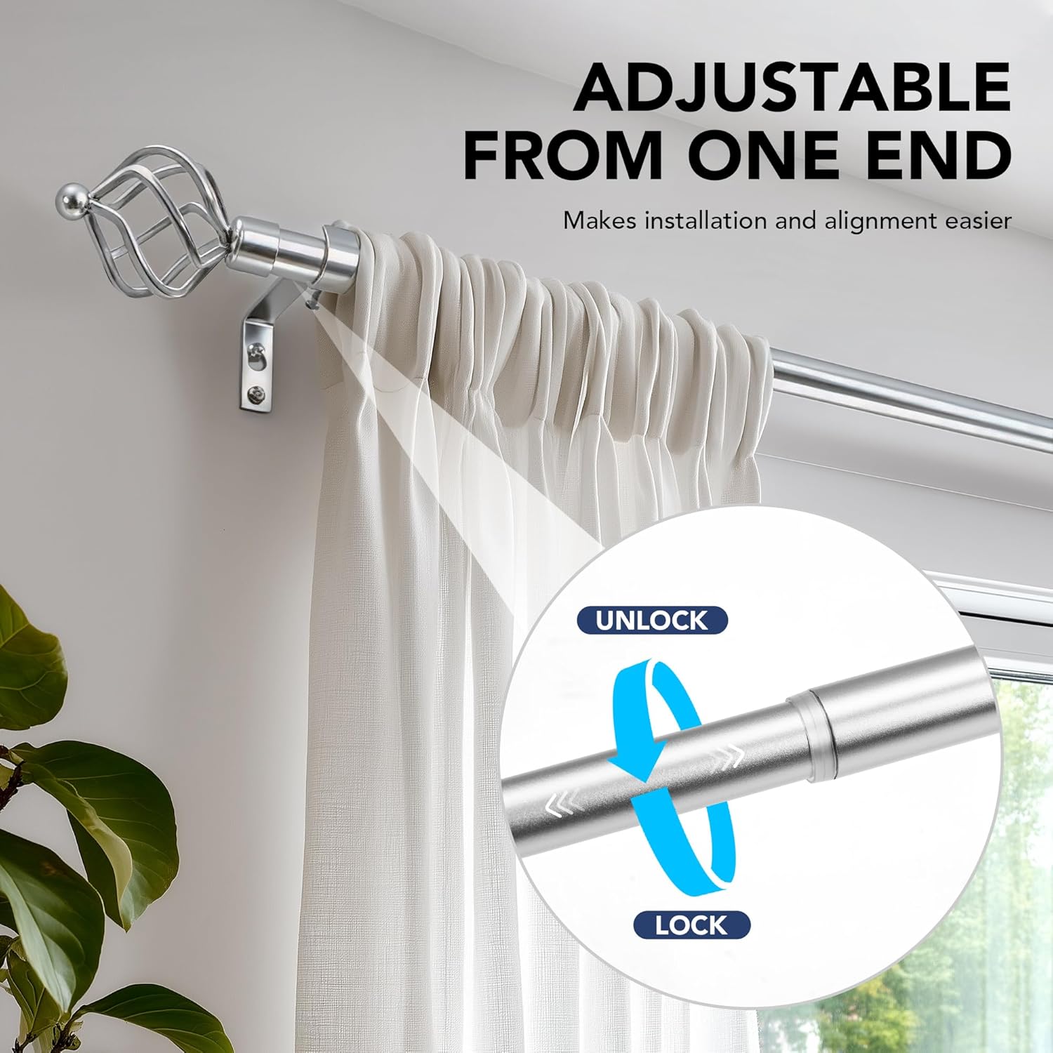 Thumbnail 4 de Deconovo Tringle à rideaux télescopique en métal extensible 76–249 cm, argent