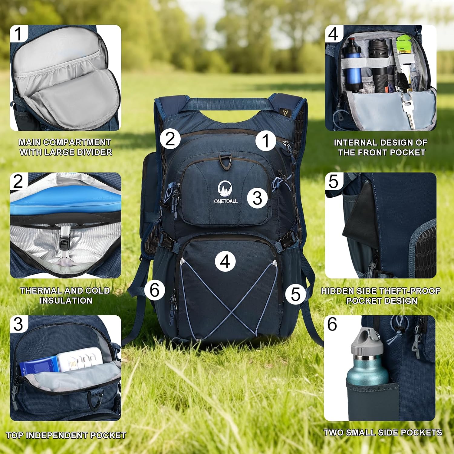 Thumbnail 6 de ONETOALL Hydration Backpack with 2L Water Bladder: 22L Waterproof Pack for Hiking, Running and Cycling