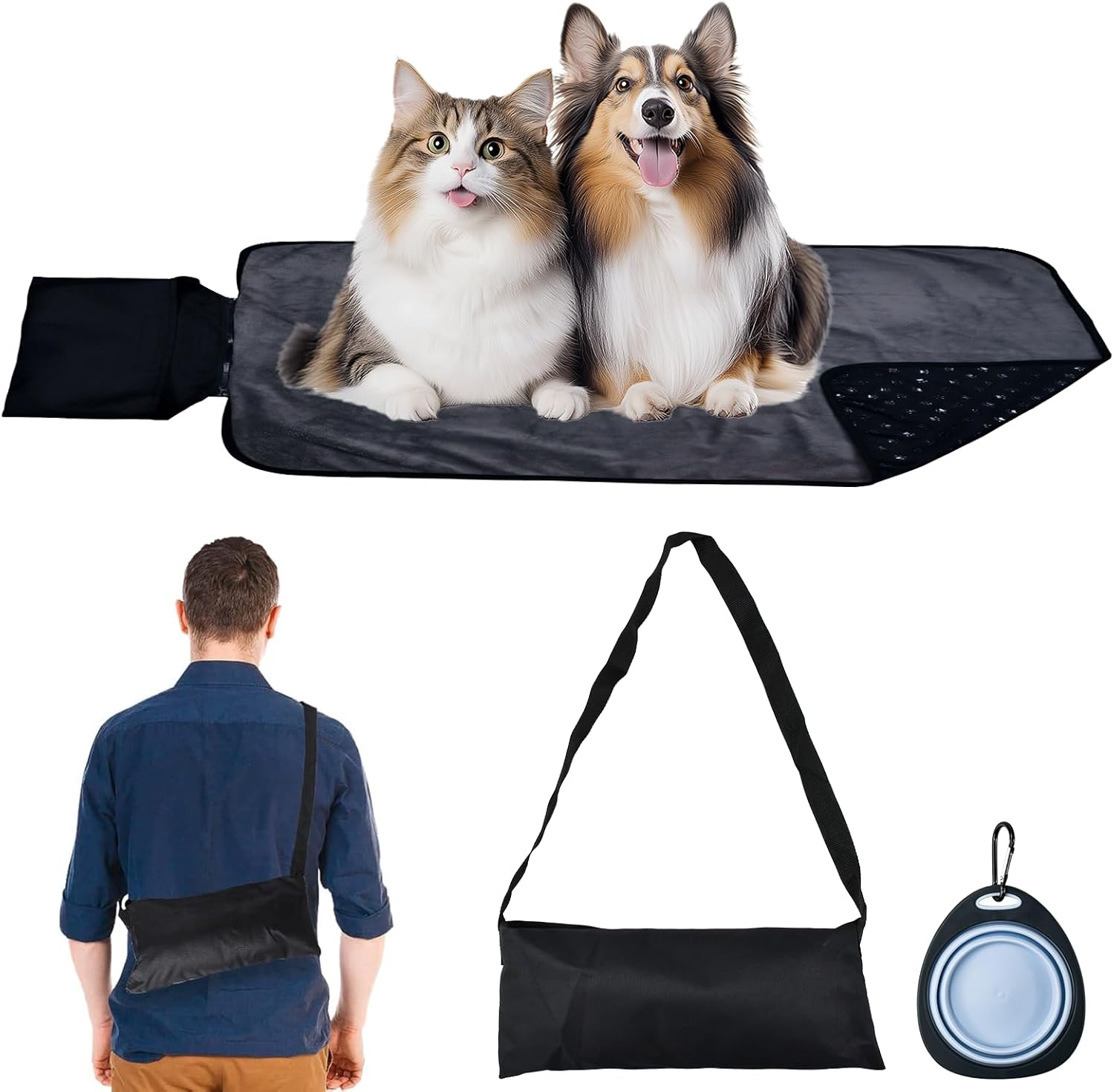 Detalle de YBCCBY Waterproof Dog Blanket (100 x 70 cm) – Foldable Plush Pet Blanket with Collapsible Dog Bowl, Anti-Slip Bottom and Storage Bag