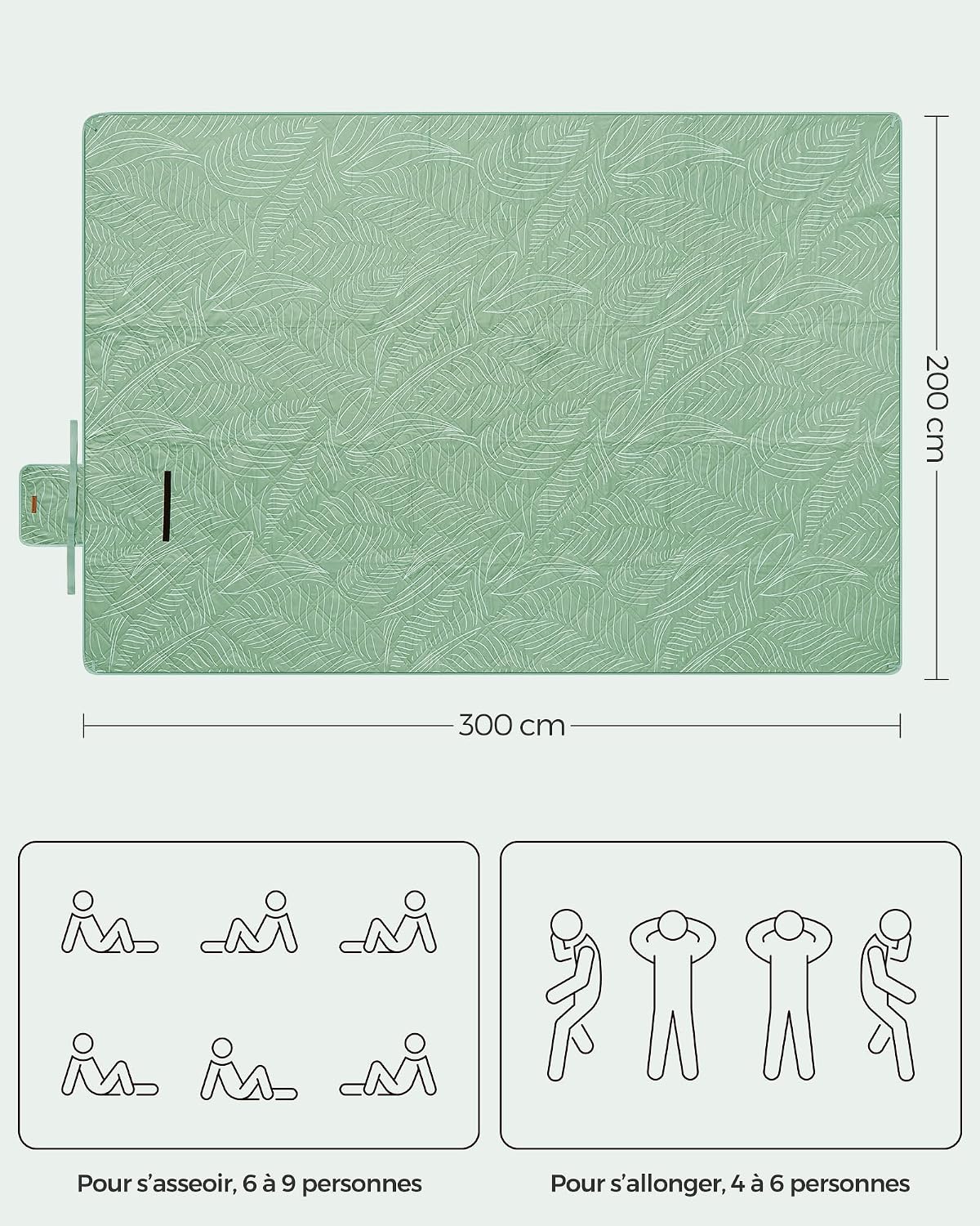 Detalle de SONGMICS Couverture de Pique-nique 300 x 200 cm GCM310C03 — Grand tapis hydrofuge avec 4 piquets