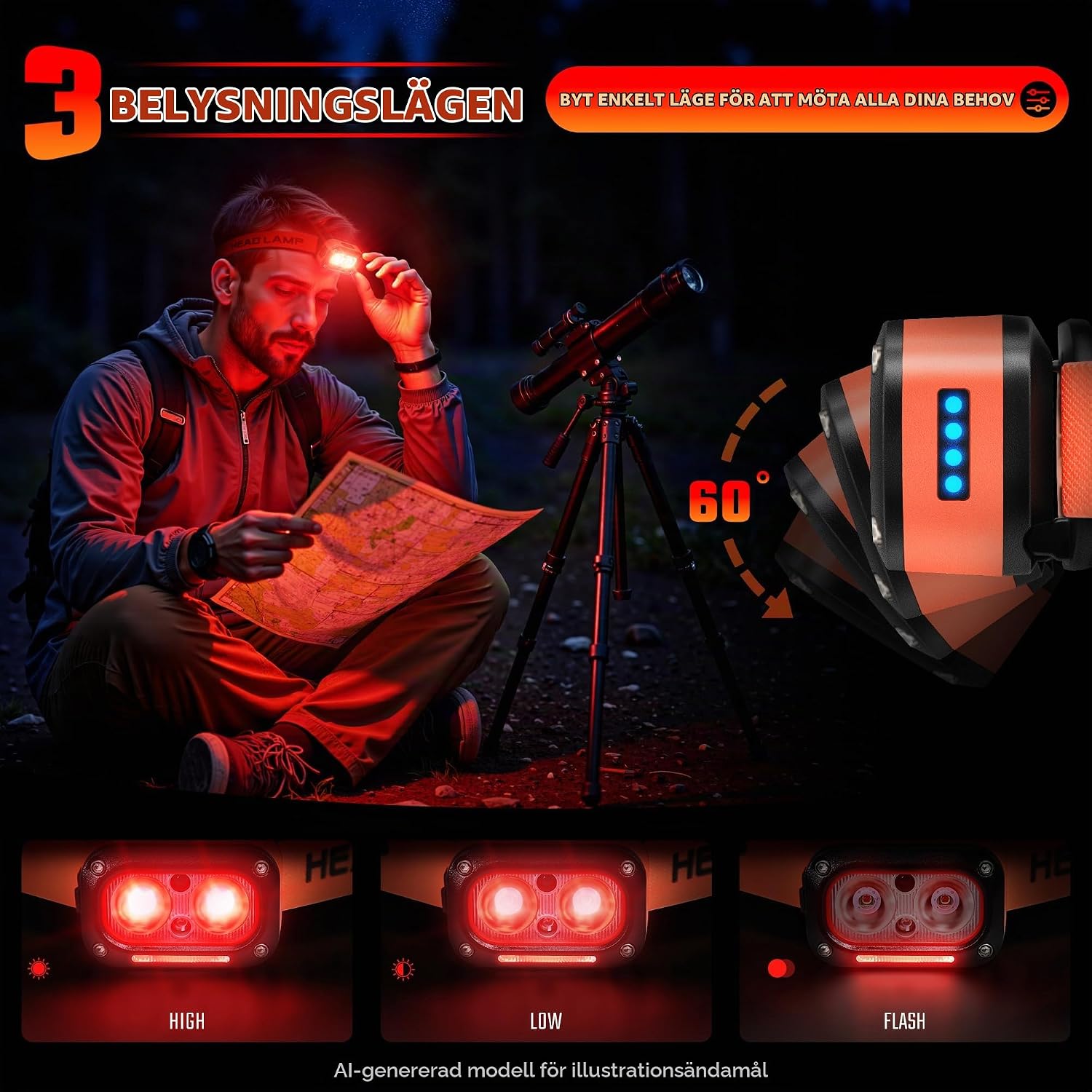 Detalle de DARKBEAM F01-RR pannlampa med dubbelt rött LED-ljus och USB-C