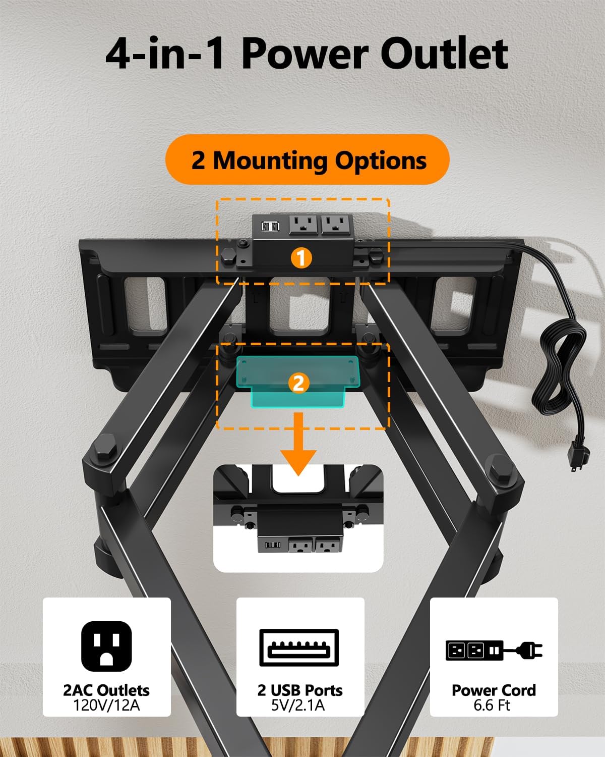 Thumbnail 2 de FORGING MOUNT Full Motion TV Wall Mount with Integrated Power Outlets for 42–90" Screens