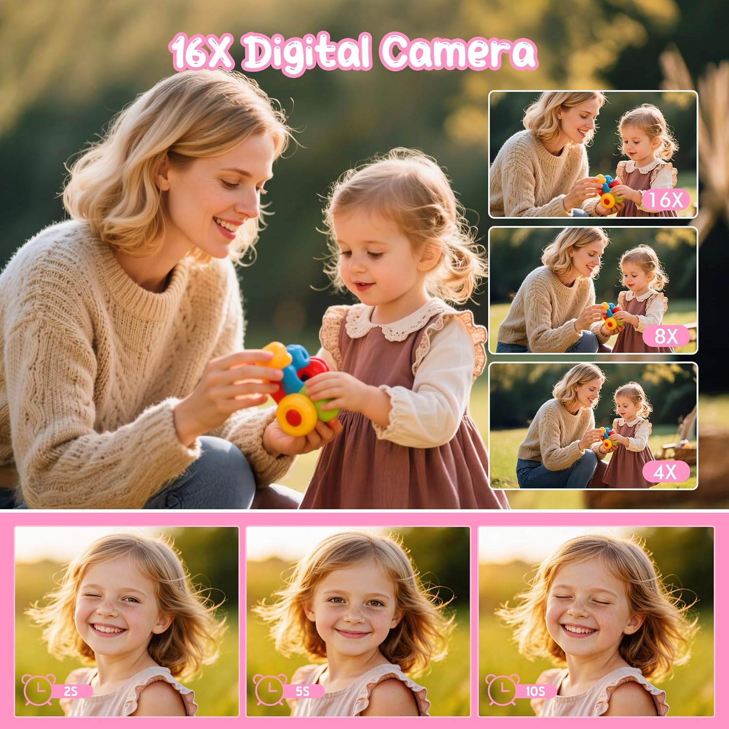 Thumbnail 2 de Fotocamera digitale 1080P 44MP per vlogging bambini e ragazzi con schermo 2,4" e zoom 16X (anti-shake, rosa)