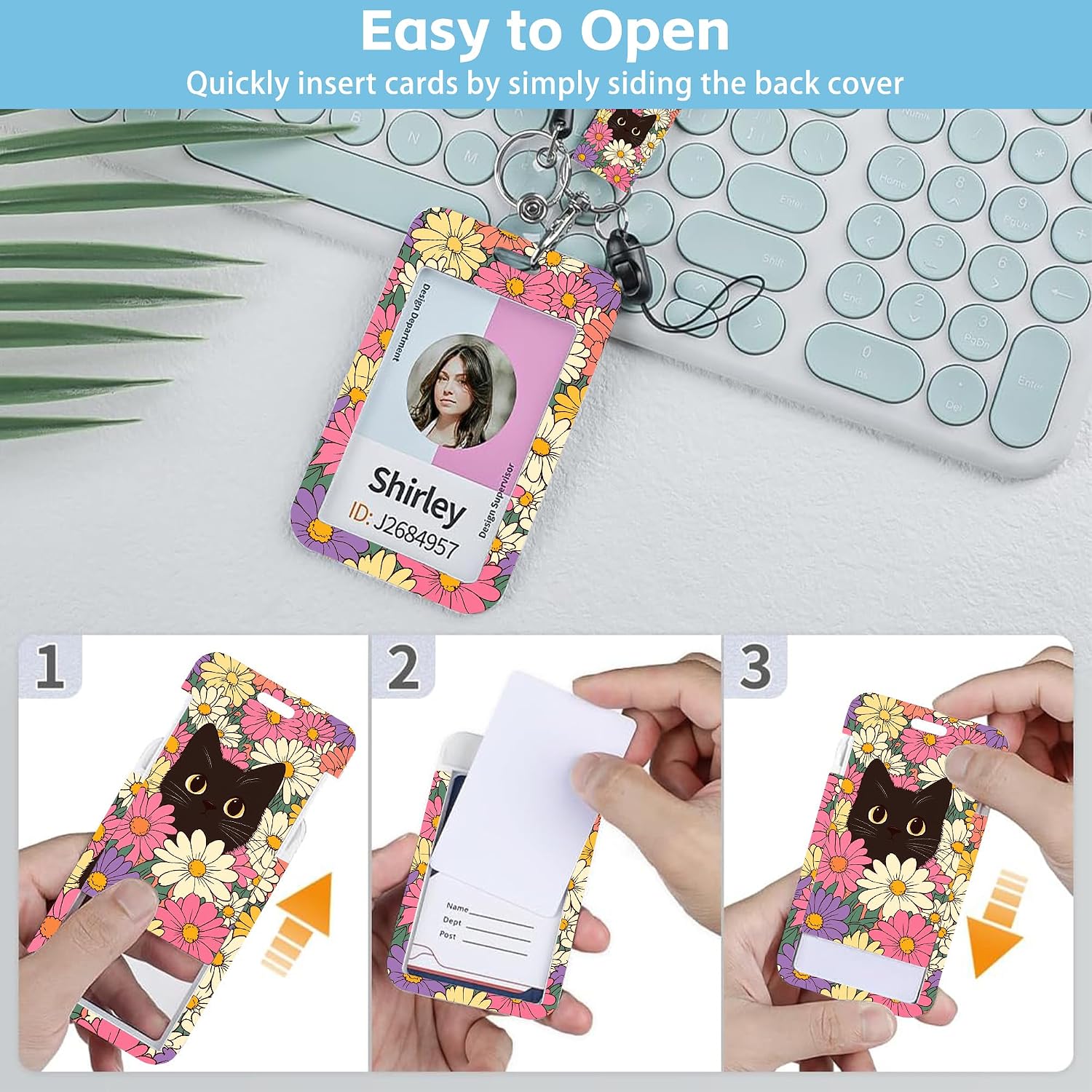 Thumbnail 5 de Retractable ID Badge Holder with Black Cat Flower Design