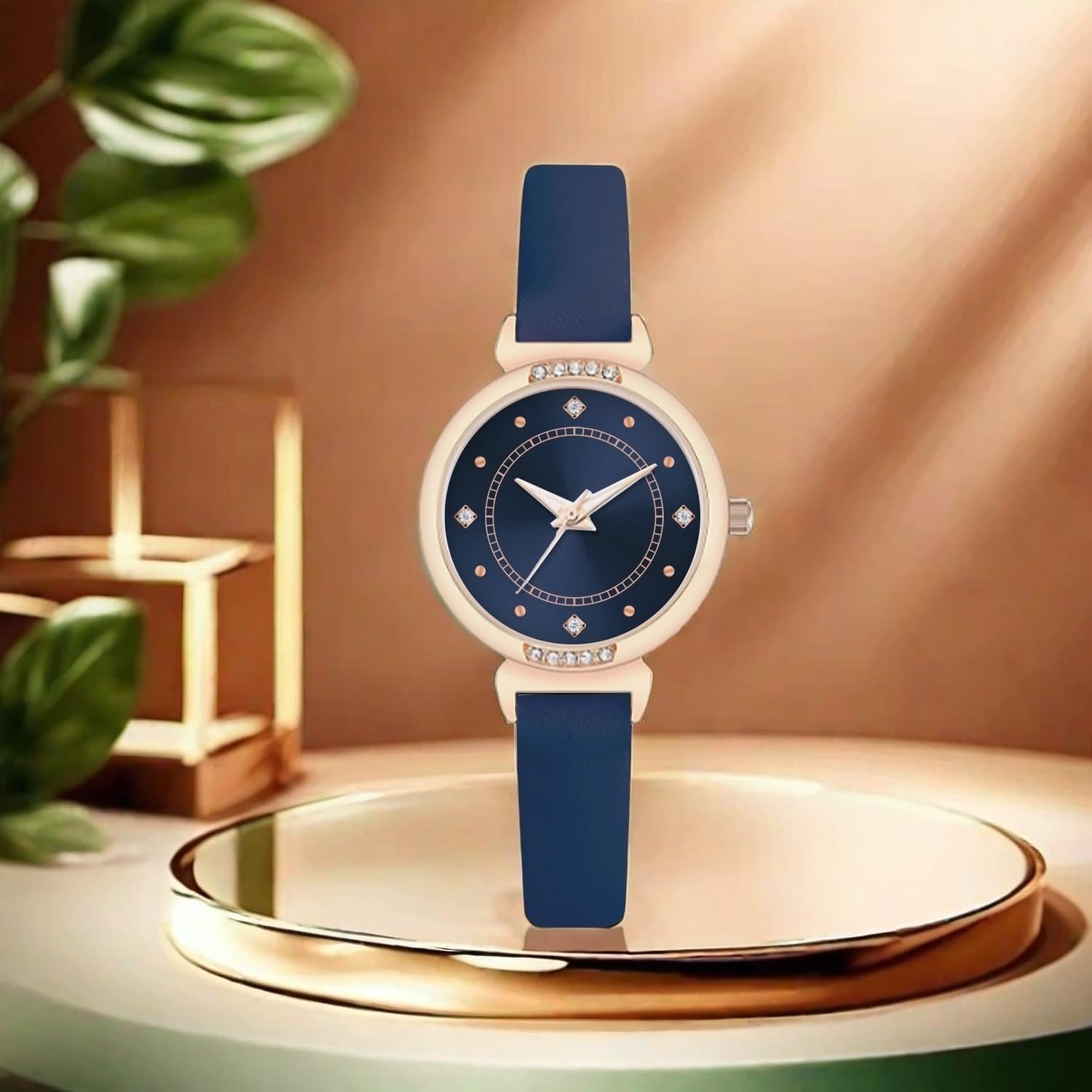 Detalle de NUOVO Women’s Leather Strap Watch with Blue Dial and Diamond Bezel