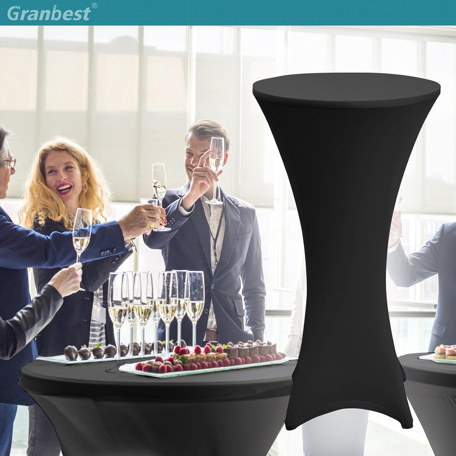 Detalle 2 de Granbest set van 2 statafelhoezen, zwart elastaan-polyester, Ø 80-85 cm